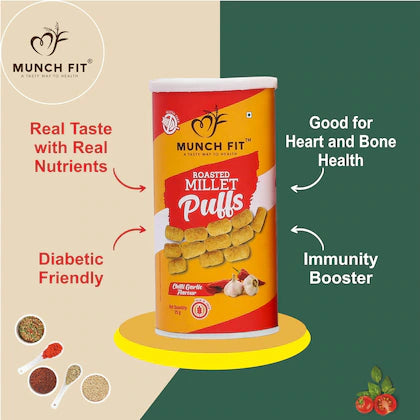 Munch Fit Healthy Gift Box -Peanut Butter Tahini, Multi Millet and Choco Chips Cookies canisters ,Rings Tangy Tomato, Balls Magic Masala and Puffs Chilli Garlic Canister