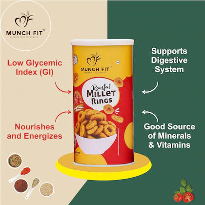 Munch Fit Healthy Gift Box -Peanut Butter Tahini, Multi Millet and Choco Chips Cookies canisters ,Rings Tangy Tomato, Balls Magic Masala and Puffs Chilli Garlic Canister