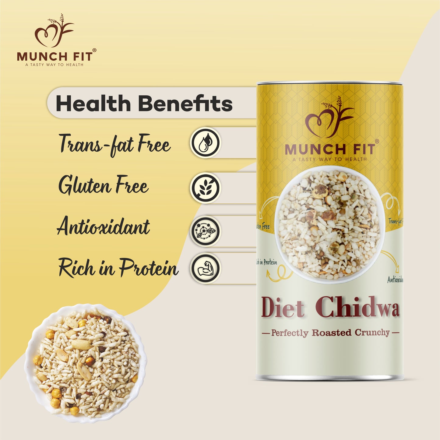 MunchFit Diet Chidwa | | Guilt-Free Roasted Chiwda with Rice Flakes, Bengal Gram & Peanuts | Crunchy Healthy Namkeen | Gluten-Free, Oil-Free, High Protein Snack for All Ages, Pack of 3x50g