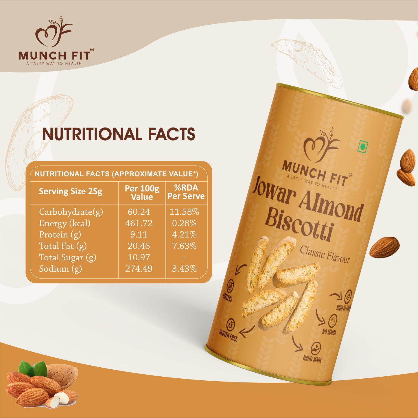 Munchfit Jowar Almond Biscotti (Classic) | Healthy, Gluten-Free, Eggless & Hand-Made Cookies | High Fiber, No Maida | Perfect Tea-Time Snack for All Ages | Pack of 2x100g