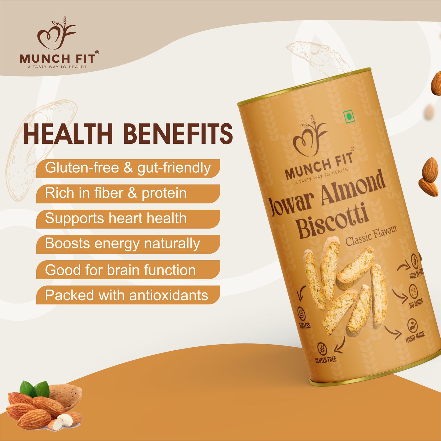 Munchfit Jowar Almond Biscotti (Classic) | Healthy, Gluten-Free, Eggless & Hand-Made Cookies | High Fiber, No Maida | Perfect Tea-Time Snack for All Ages | Pack of 2x100g