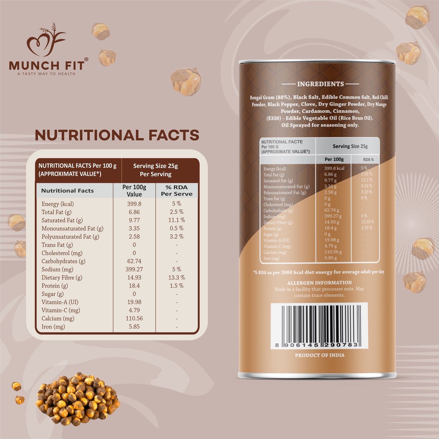 MunchFit Roasted Chana | Healthy Crunchy Namkeen with Bengal Gram, Natural Spices & Seasonings | Roasted, Oil-Free, Gluten-Free, High Protein Snack | Perfect Tea-Time & Travel Munchies, Pack of 3x75g