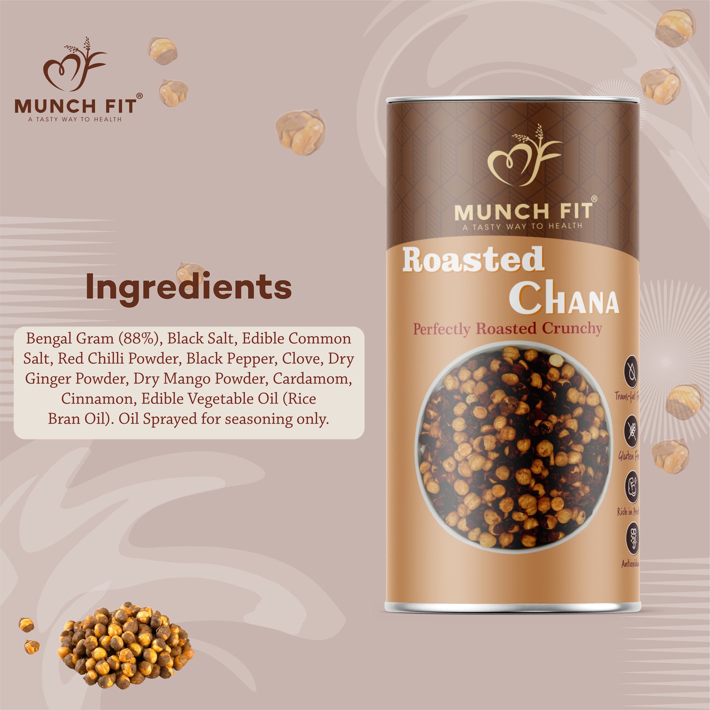 MunchFit Roasted Chana | Healthy Crunchy Namkeen with Bengal Gram, Natural Spices & Seasonings | Roasted, Oil-Free, Gluten-Free, High Protein Snack | Perfect Tea-Time & Travel Munchies, Pack of 3x75g