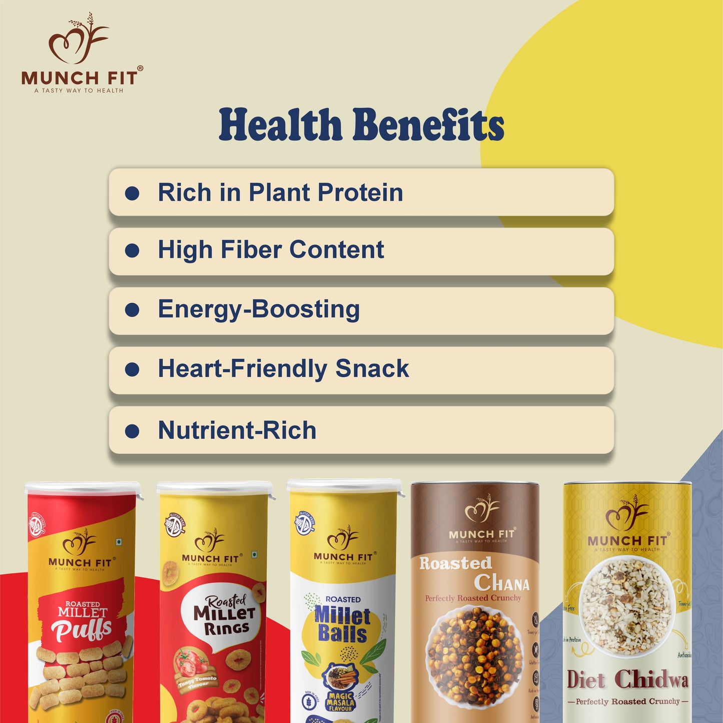 Munchfit Multi-Millet & Roasted Snack Combo Pack | Magic Masala Balls, Chilli Garlic Puffs, Tangy Tomato Rings, Roasted Chana & Diet Chiwda | Healthy & Fiber-Rich Snack Assortment