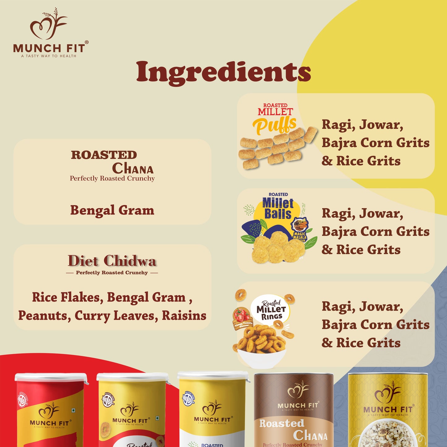 Munchfit Multi-Millet & Roasted Snack Combo Pack | Magic Masala Balls, Chilli Garlic Puffs, Tangy Tomato Rings, Roasted Chana & Diet Chiwda | Healthy & Fiber-Rich Snack Assortment