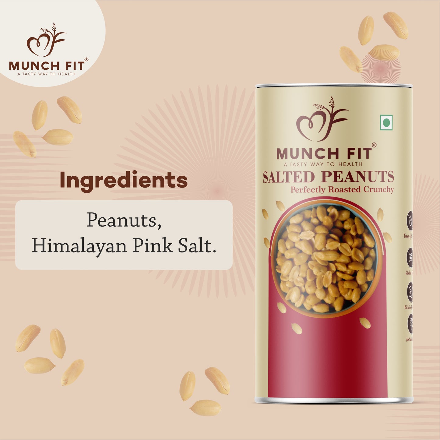 MunchFit Salted Peanuts | Roasted Crunchy Peanuts with Himalayan Pink Salt | High Protein, Gluten-Free, Oil-Free Healthy Namkeen | Perfect Tea-Time & Travel Snack, Pack of 3x75g