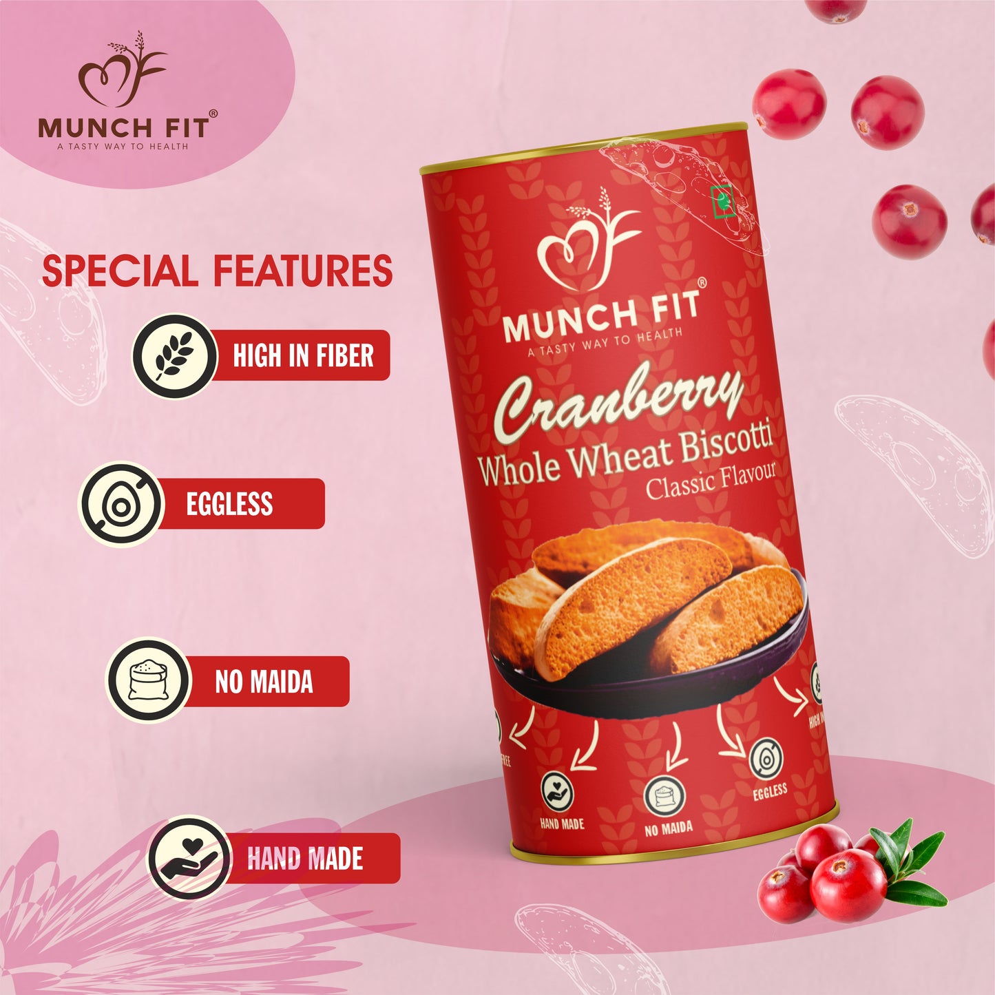 Munchfit Jowar Almond Biscotti (Classic) & Cranberry Whole Wheat Biscotti | Healthy, Gluten-Free, Eggless & Hand-Made Cookies | High Fiber, No Maida | Perfect Tea-Time Snack for All Ages | Pack of 2x100g