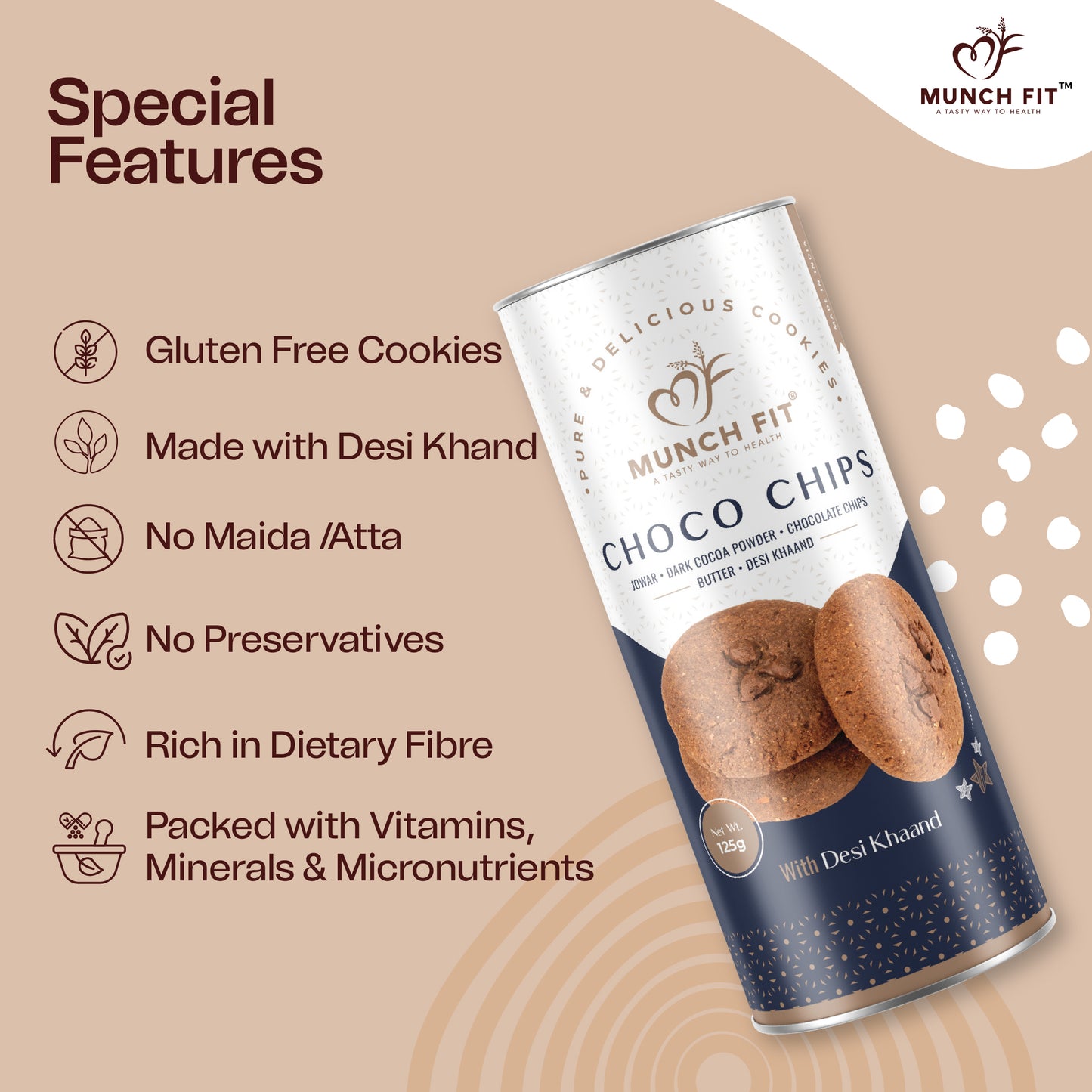 Munch Fit Millet Choco Chip Cookies | Healthy, Tasty & Crunchy Jowar Choco Chip Cookies for Kids & Adults | Gluten Free, Protein Rich | No Maida, No Added Sugar | Made with Desi Khaand