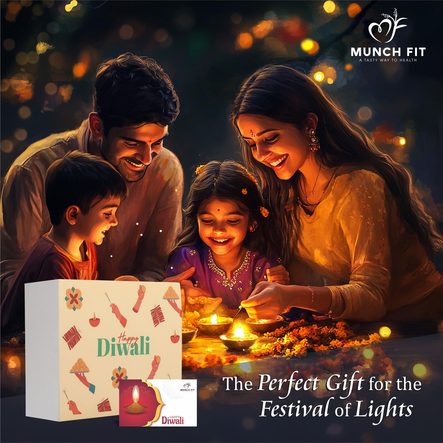 Munchfit Diwali Cookies Gift Hamper with 3 Diyas | Healthy Assorted Cookies of 3 Varieties | Choco Chip, Multi Millet & Tahini Cookies | Tasty & Crunchy Cookies Diwali Gift Box | Pack of 1x125g each