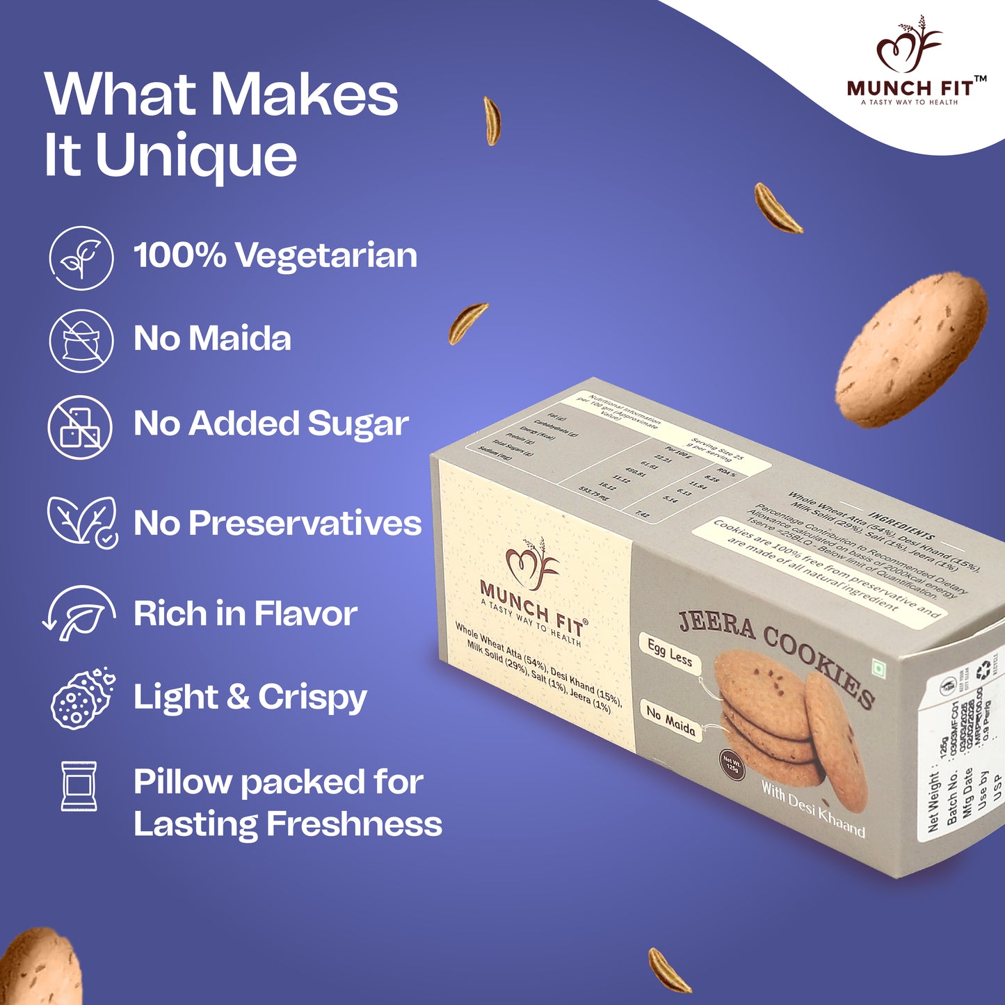 Munch Fit Healthy, Tasty & Crunchy Jeera Cookies | No Maida, Eggless, No Refined Sugar | Protein & Fibre Packed Cookies | Pack of 3x125g