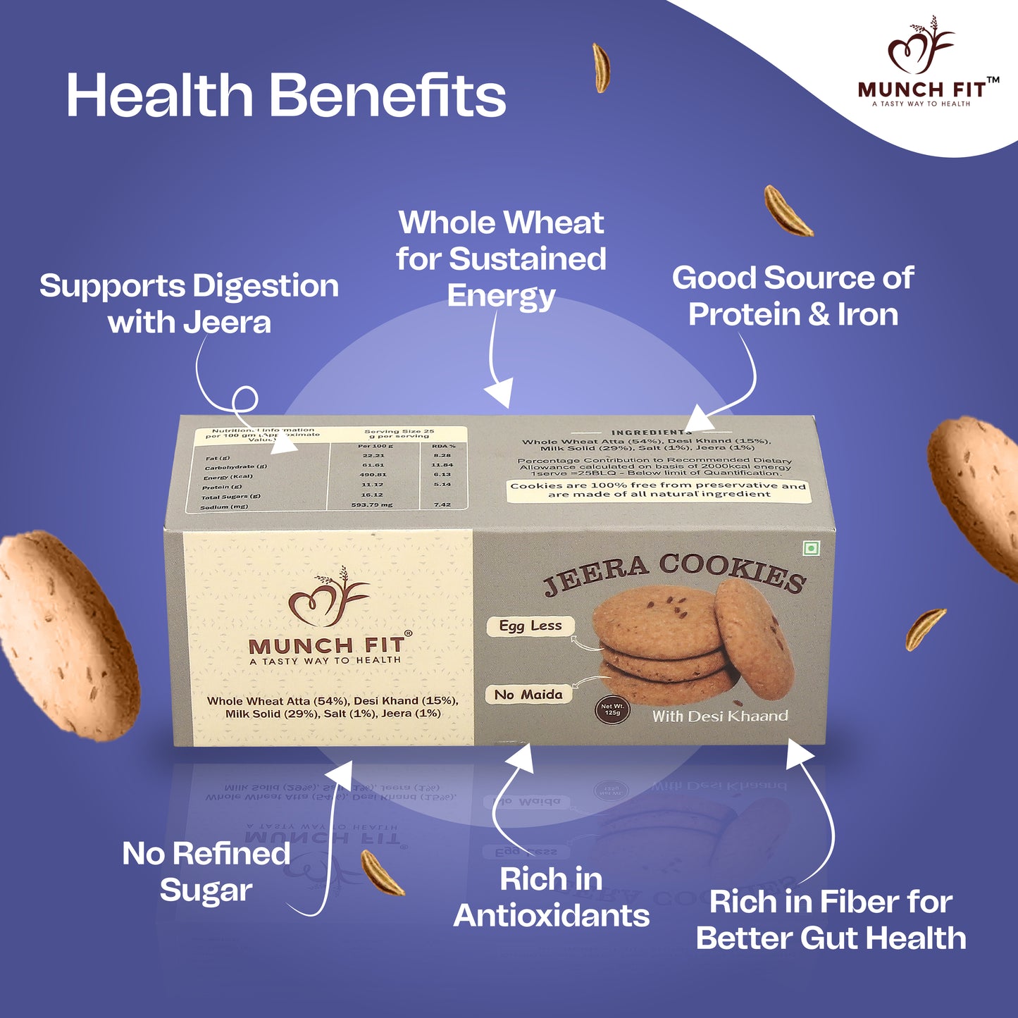 Munch Fit Healthy, Tasty & Crunchy Jeera Cookies | No Maida, Eggless, No Refined Sugar | Protein & Fibre Packed Cookies | Pack of 3x125g