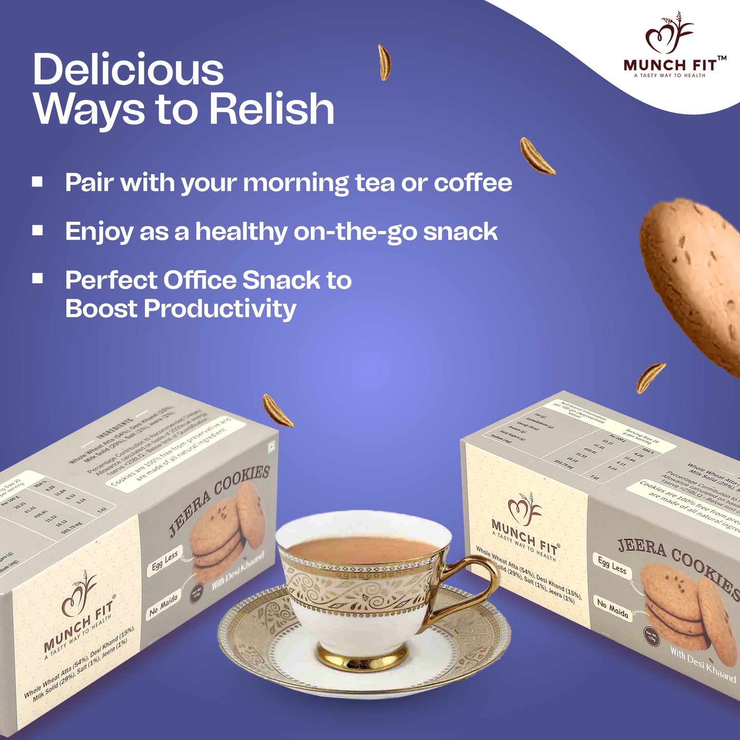 Munch Fit Healthy, Tasty & Crunchy Jeera Cookies | No Maida, Eggless, No Refined Sugar | Protein & Fibre Packed Cookies | Pack of 3x125g