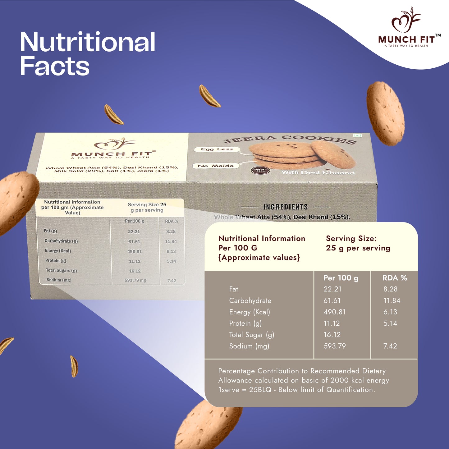 Munch Fit Healthy, Tasty & Crunchy Jeera Cookies | No Maida, Eggless, No Refined Sugar | Protein & Fibre Packed Cookies | Pack of 3x125g