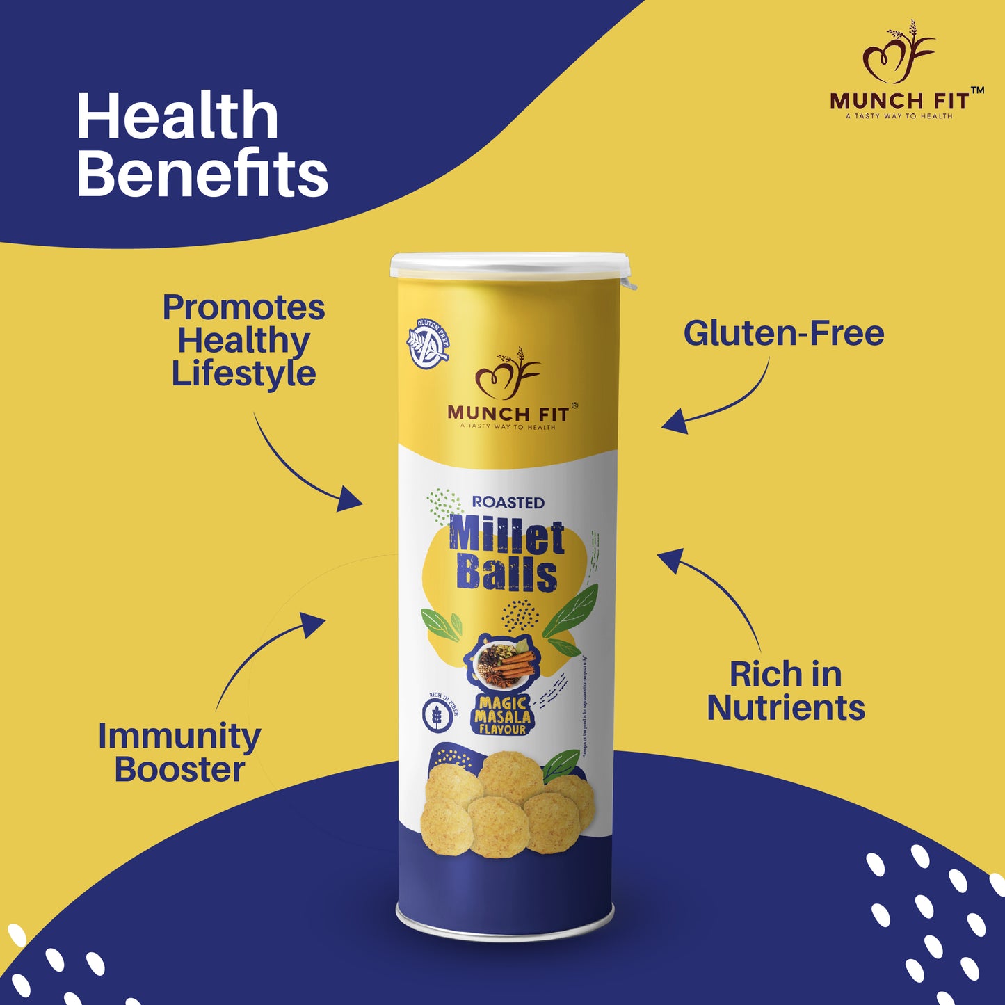 Munch Fit Healthy Gift Box -Peanut Butter Tahini, Multi Millet and Choco Chips Cookies canisters ,Rings Tangy Tomato, Balls Magic Masala and Puffs Chilli Garlic Canister