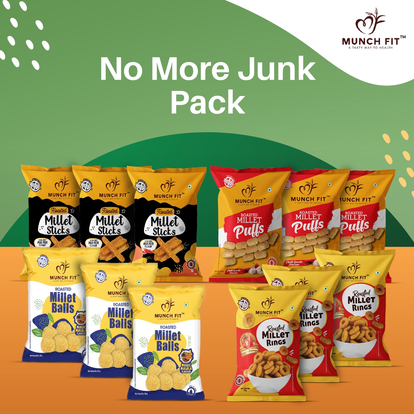 NO MORE JUNK PACK -  (Balls Magic Masala/Rings Tangy Tomato/Peri Peri Sticks/Puffs Chilli Garlic) Pack 0f 3 x 50g Each