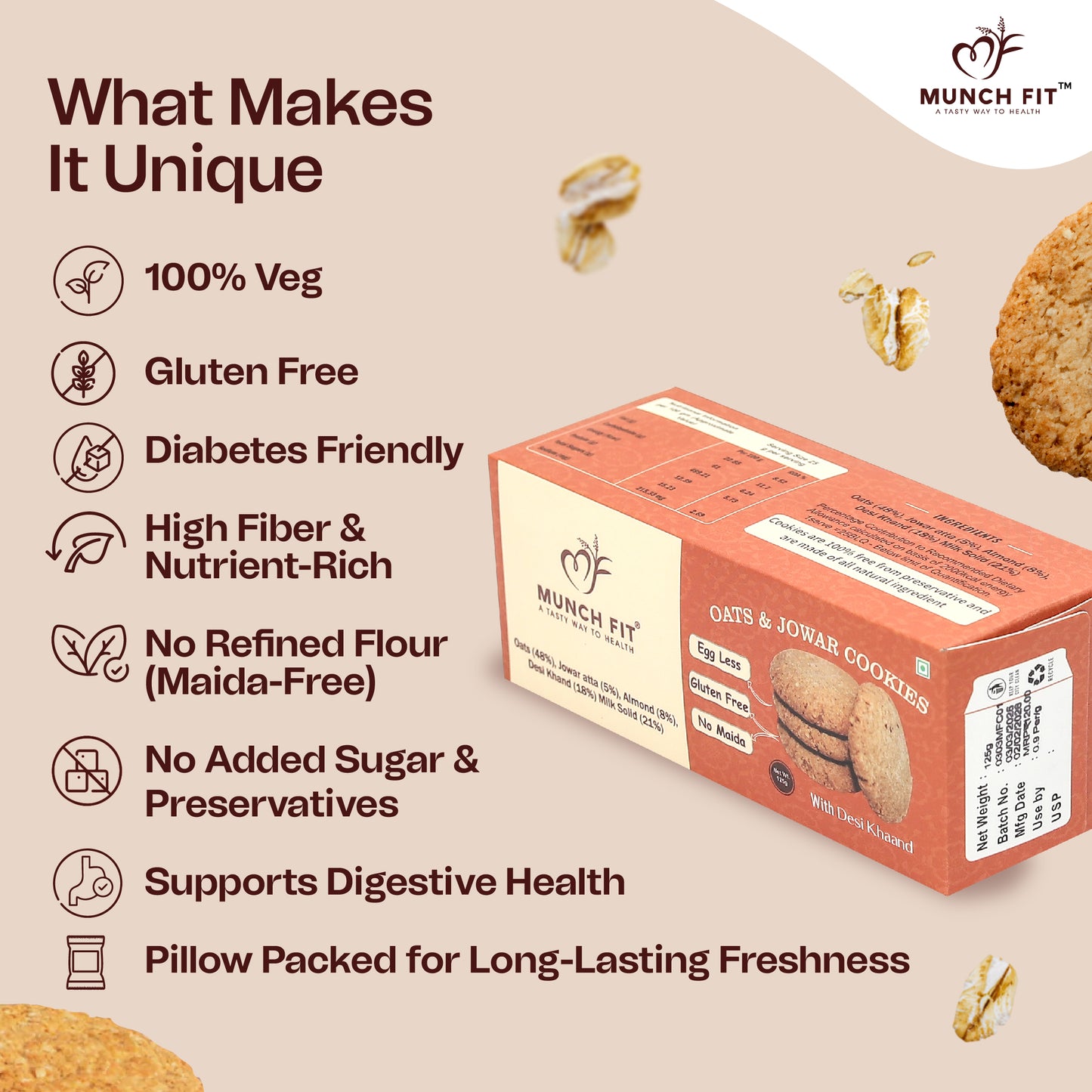 Munch Fit Oats with Almonds & Jowar Atta Cookies | Healthy & Tasty Millets Cookies| Gluten Free| No Maida with No Added Sugar| Fresh Cookies | High In Fiber, Protein &  Nutrition| Pack of 3x125g