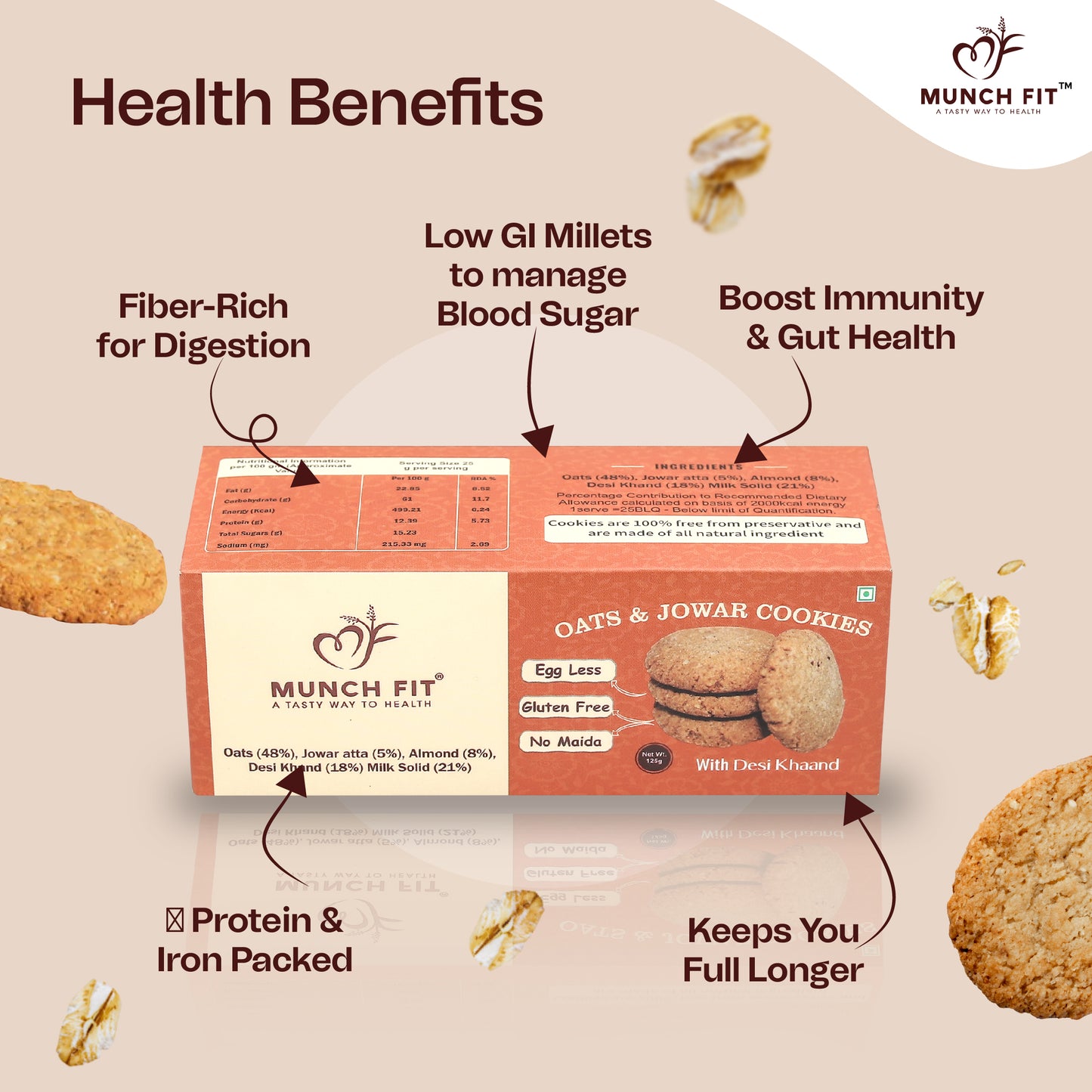Munch Fit Oats with Almonds & Jowar Atta Cookies | Healthy & Tasty Millets Cookies| Gluten Free| No Maida with No Added Sugar| Fresh Cookies | High In Fiber, Protein &  Nutrition| Pack of 3x125g