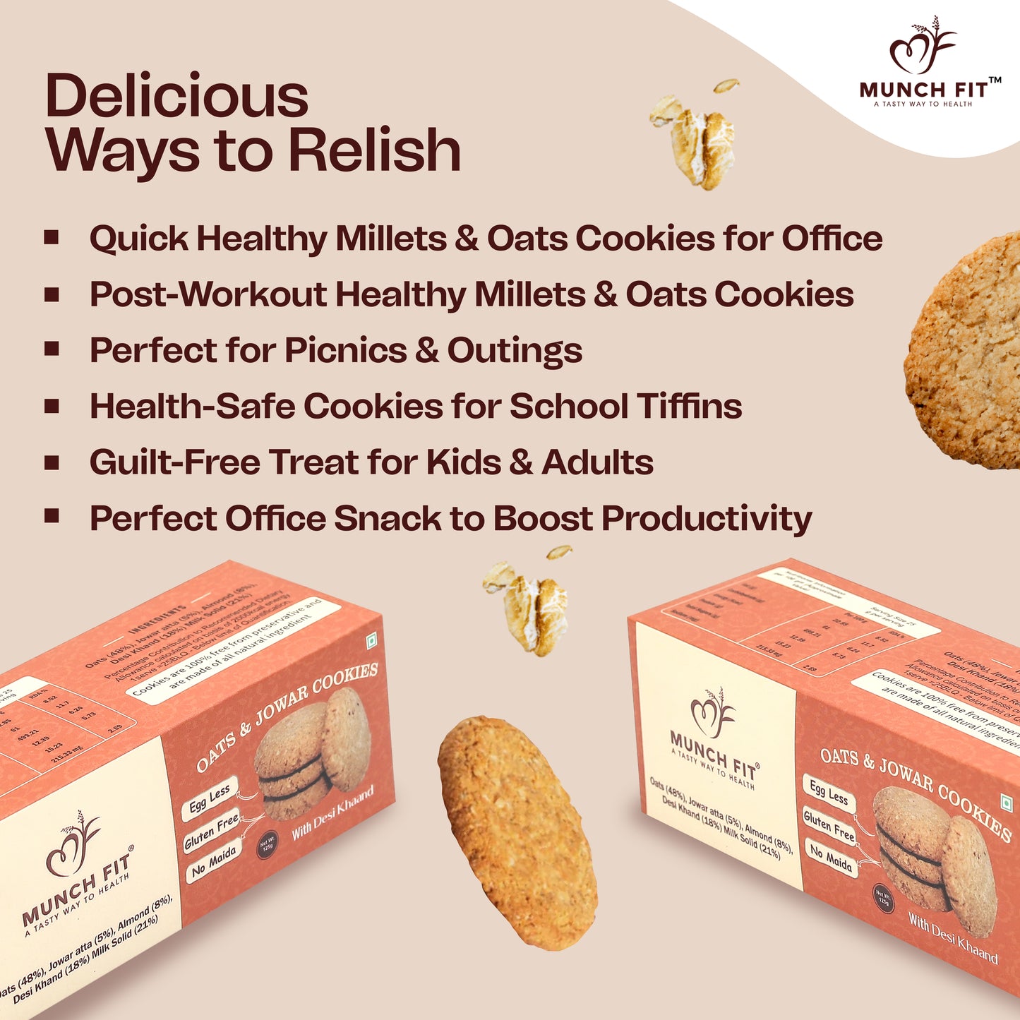 Munch Fit Oats with Almonds & Jowar Atta Cookies | Healthy & Tasty Millets Cookies| Gluten Free| No Maida with No Added Sugar| Fresh Cookies | High In Fiber, Protein &  Nutrition| Pack of 3x125g