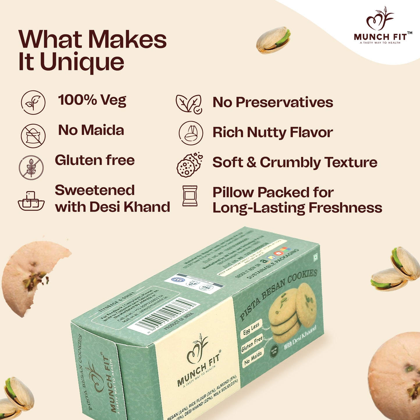Munch Fit Tasty, Healthy & Crunchy Pista Besan Cookies | Gluten Free, No Maida & Sugarfree Cookies | Pista Almonds Cookies | High Fibre, Protein & Iron Rich | Pack of 3x125g