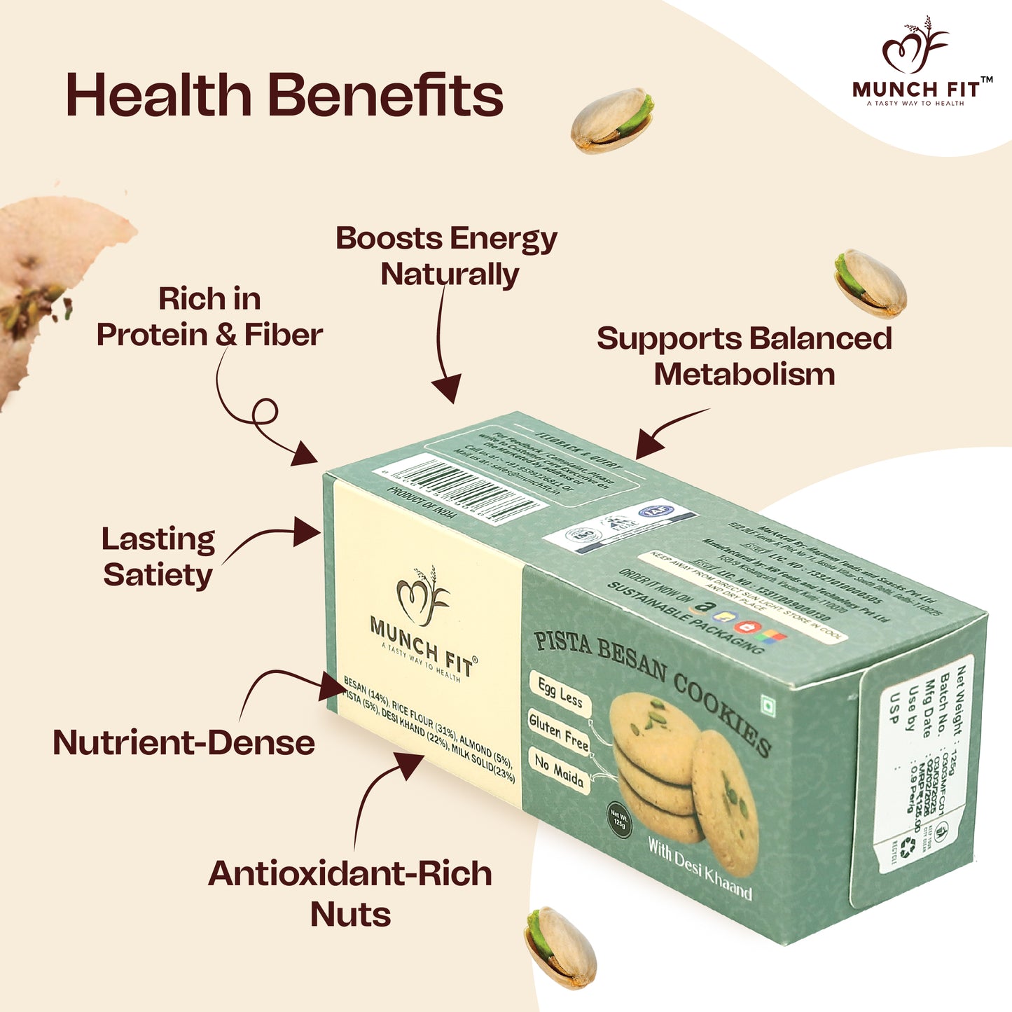 Munch Fit Tasty, Healthy & Crunchy Pista Besan Cookies | Gluten Free, No Maida & Sugarfree Cookies | Pista Almonds Cookies | High Fibre, Protein & Iron Rich | Pack of 3x125g