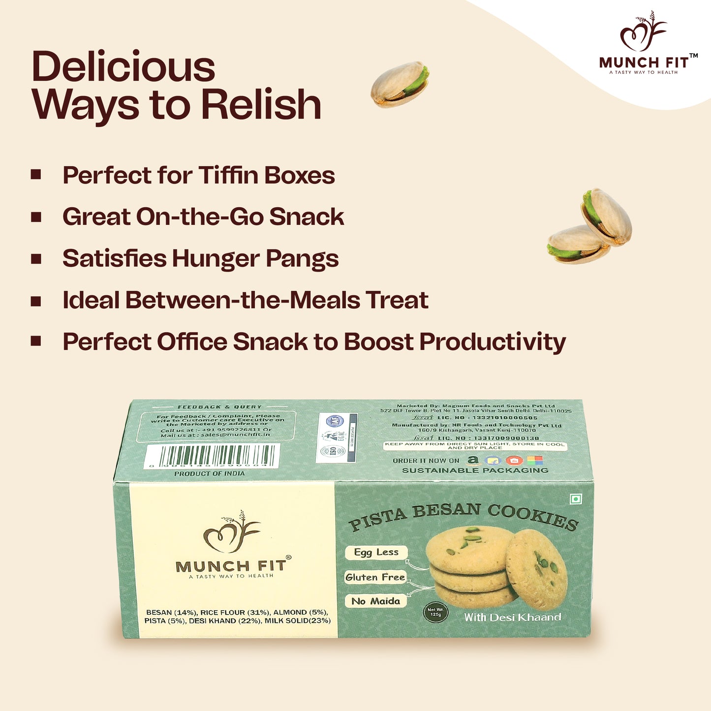 Munch Fit Tasty, Healthy & Crunchy Pista Besan Cookies | Gluten Free, No Maida & Sugarfree Cookies | Pista Almonds Cookies | High Fibre, Protein & Iron Rich | Pack of 3x125g