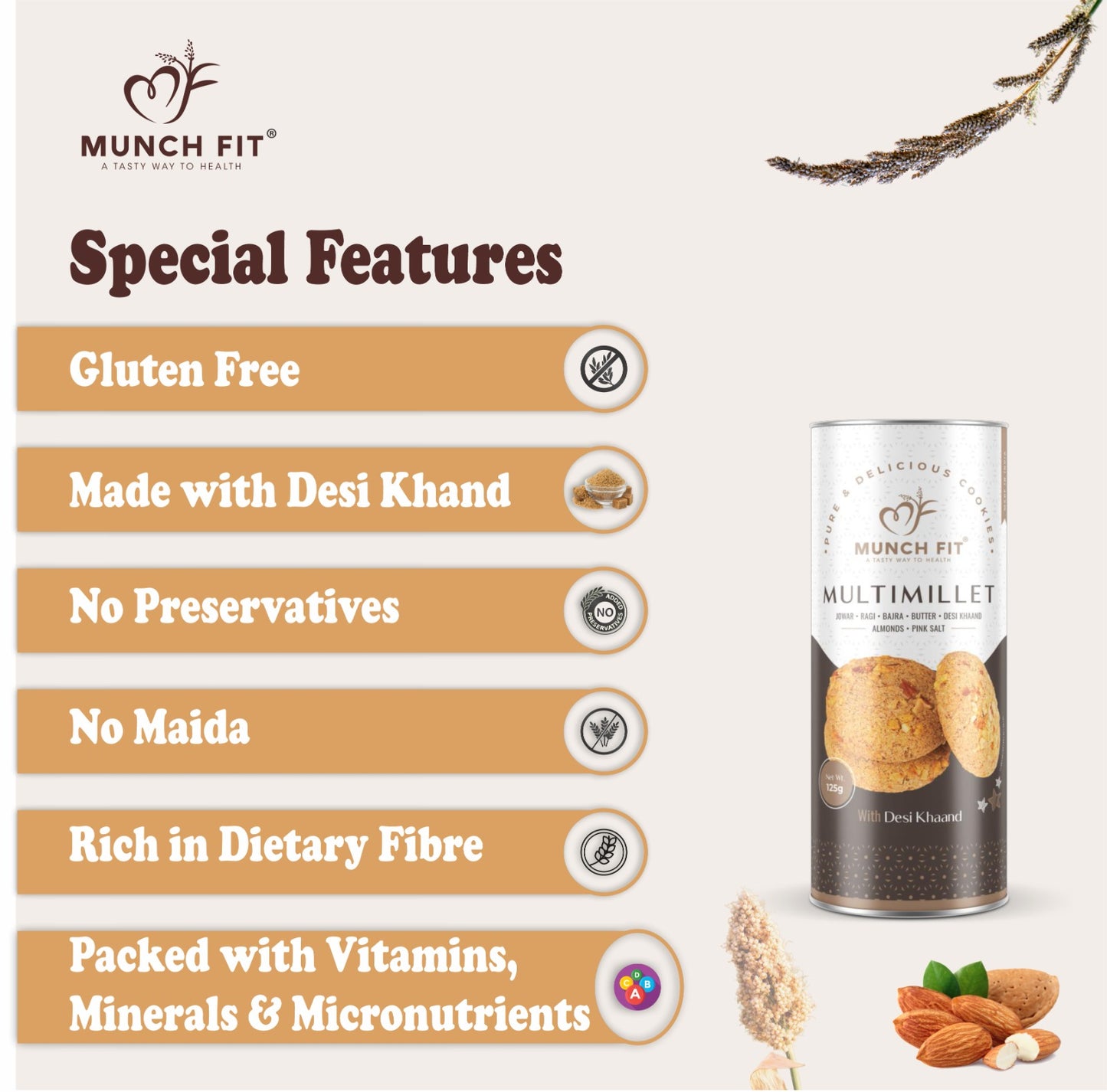 Munch Fit Healthy, Tasty & Crunchy Millet Cookies Combo of 3 Varieties | Choco Chip Cookies | Multimillets Cookies | Tahini Cookies | 100% Natural & Healthy Cookies | Gluten Free | No Maida, No Added Sugar | Made with Desi Khaand