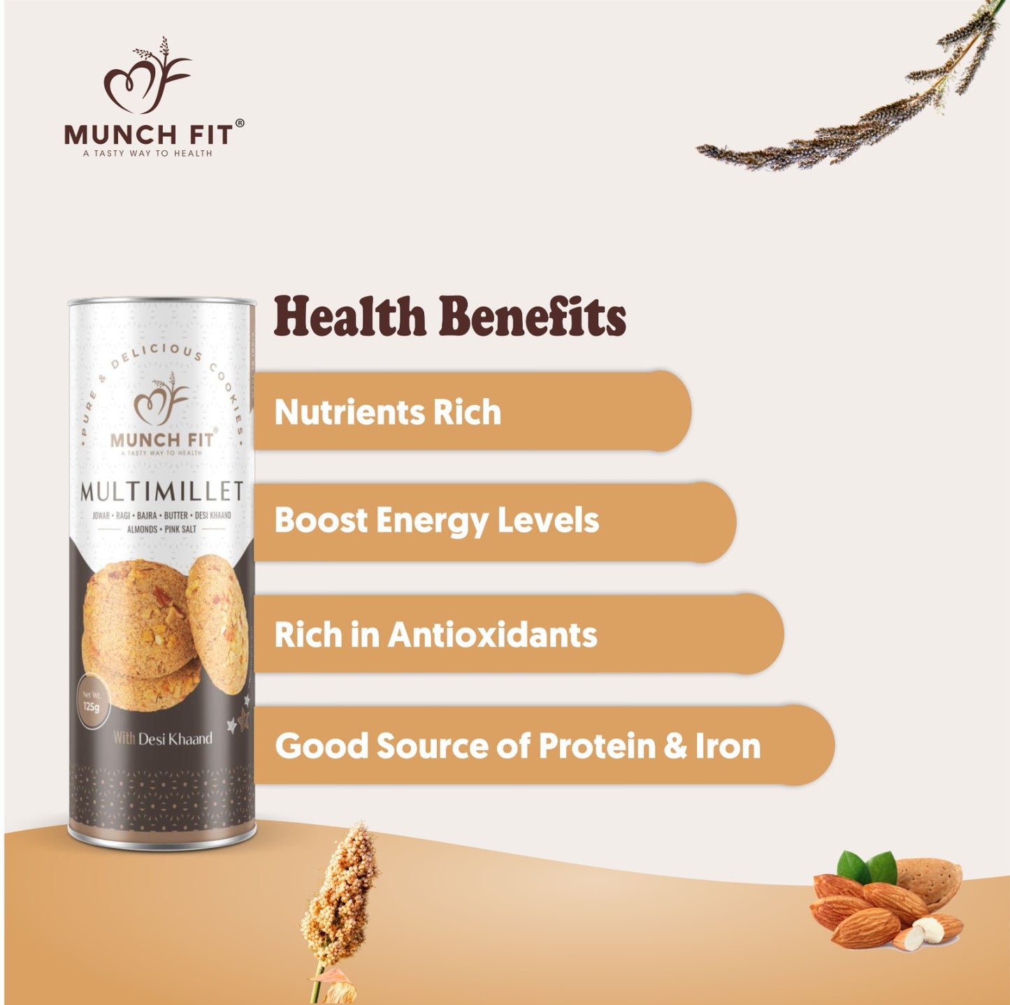 Munch Fit Healthy, Tasty & Crunchy Millet Cookies Combo of 3 Varieties | Choco Chip Cookies | Multimillets Cookies | Tahini Cookies | 100% Natural & Healthy Cookies | Gluten Free | No Maida, No Added Sugar | Made with Desi Khaand