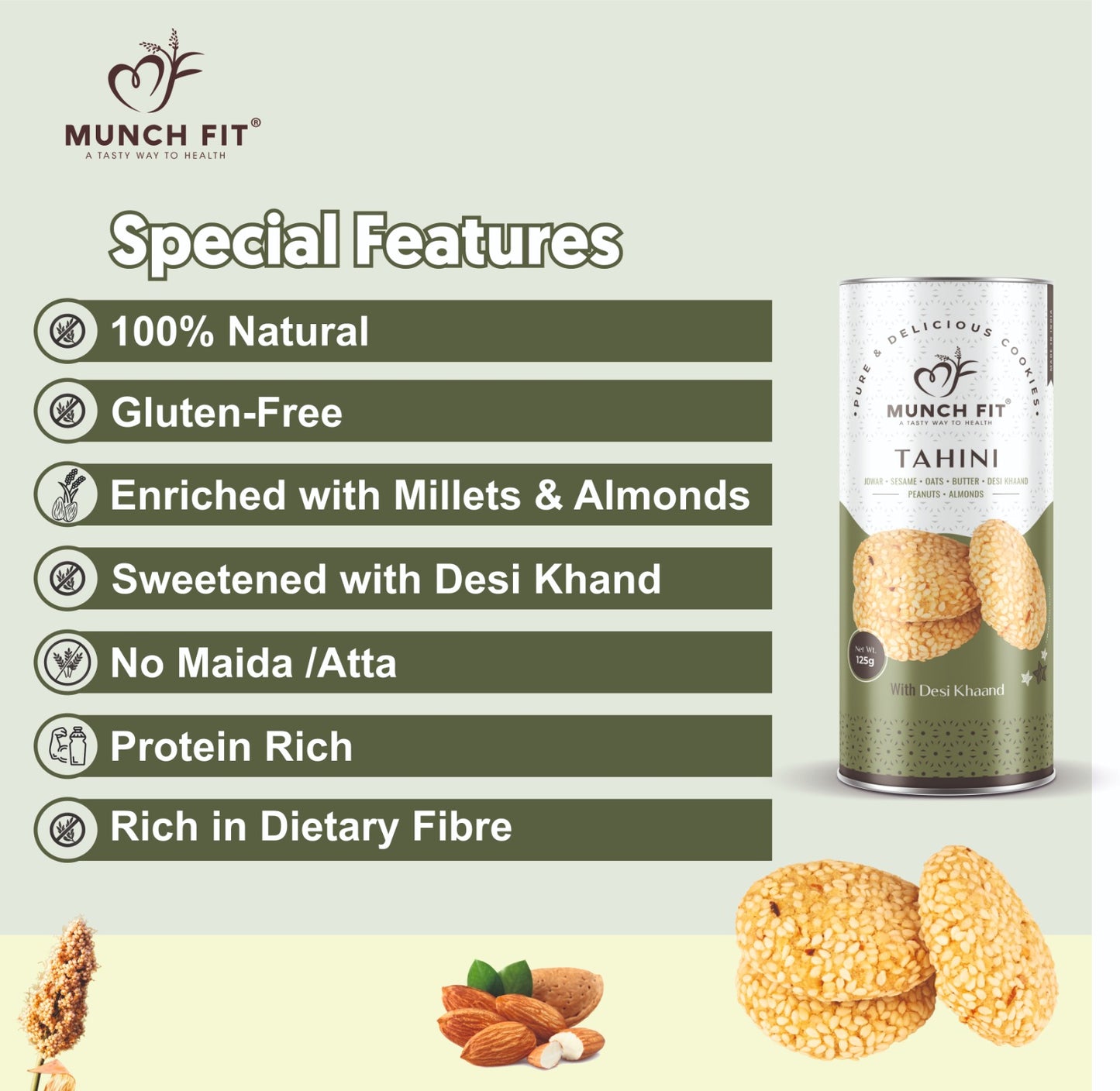 Munch Fit Healthy, Tasty & Crunchy Millet Cookies Combo of 3 Varieties | Choco Chip Cookies | Multimillets Cookies | Tahini Cookies | 100% Natural & Healthy Cookies | Gluten Free | No Maida, No Added Sugar | Made with Desi Khaand