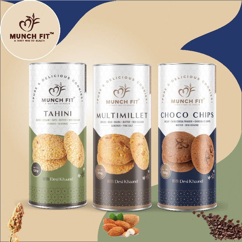 Munch Fit Healthy, Tasty & Crunchy Millet Cookies Combo of 3 Varieties | Choco Chip Cookies | Multimillets Cookies | Tahini Cookies | 100% Natural & Healthy Cookies | Gluten Free | No Maida, No Added Sugar | Made with Desi Khaand