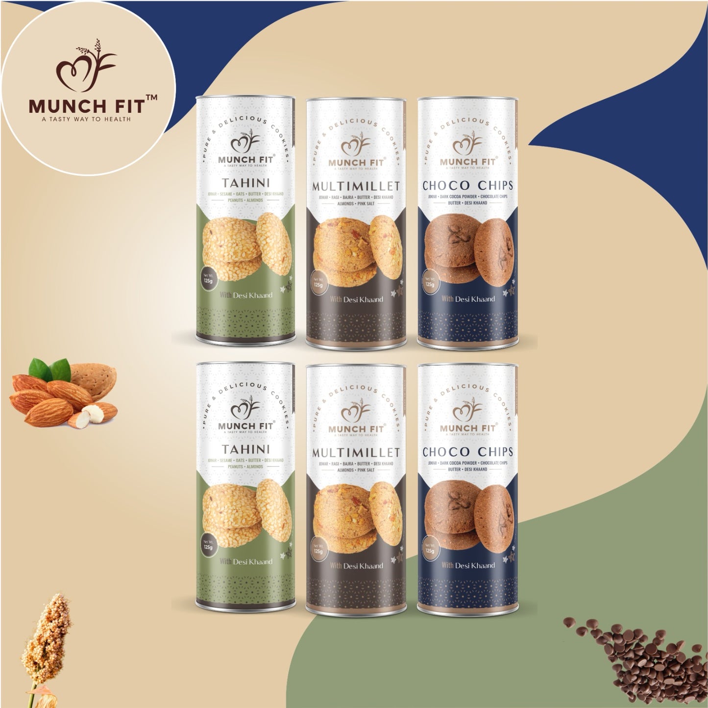Munch Fit Healthy, Tasty & Crunchy Millet Cookies Combo of 3 Varieties | Choco Chip Cookies | Multimillets Cookies | Tahini Cookies | 100% Natural & Healthy Cookies | Gluten Free | No Maida, No Added Sugar | Made with Desi Khaand