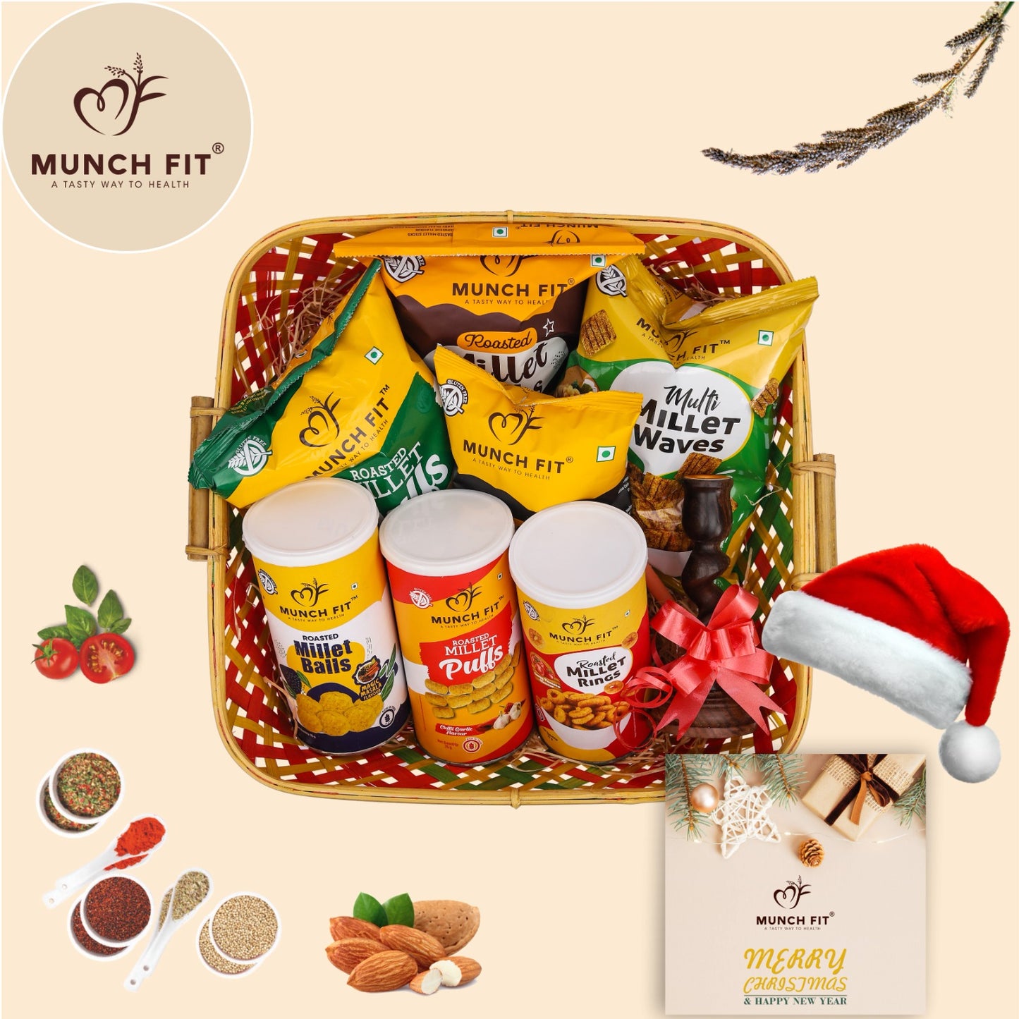 Munchfit Healthy Christmas & New Year Gift Hamper with Christmas Cap & Card | Variety of Sweet & Salted, Tasty, & Crunchy Healthy Snacks & Puffs with Candle Stand | New Year Corporate Gift for Employees & Clients | Pack of 7 Varieties of Snacks