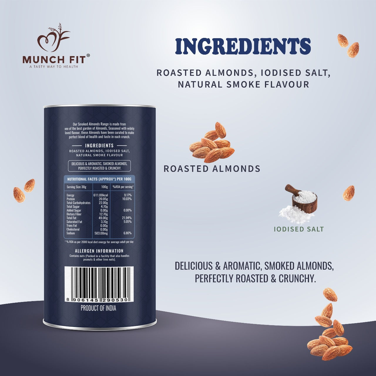 Premium Almonds Perfectly Roasted & Lightly Salted | 125g | Crunchy Badam | Nutritious & Delicious | Super Healthy Snack | High in Fiber | Gluten-Free & Plant-Based Protein