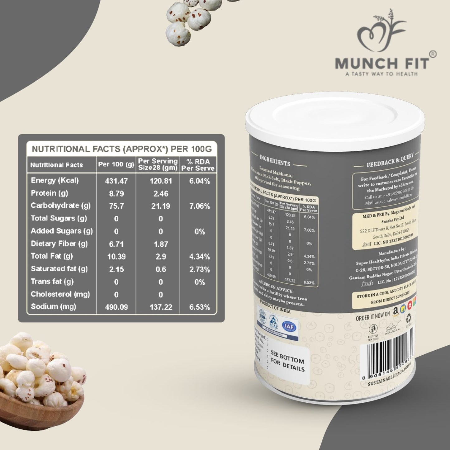 Munch Fit Healthy Salt & Pepper Makhana| Gluten-Free| Low-Calorie, Roasted Foxnuts Snacks Combo of 3x20g Pack