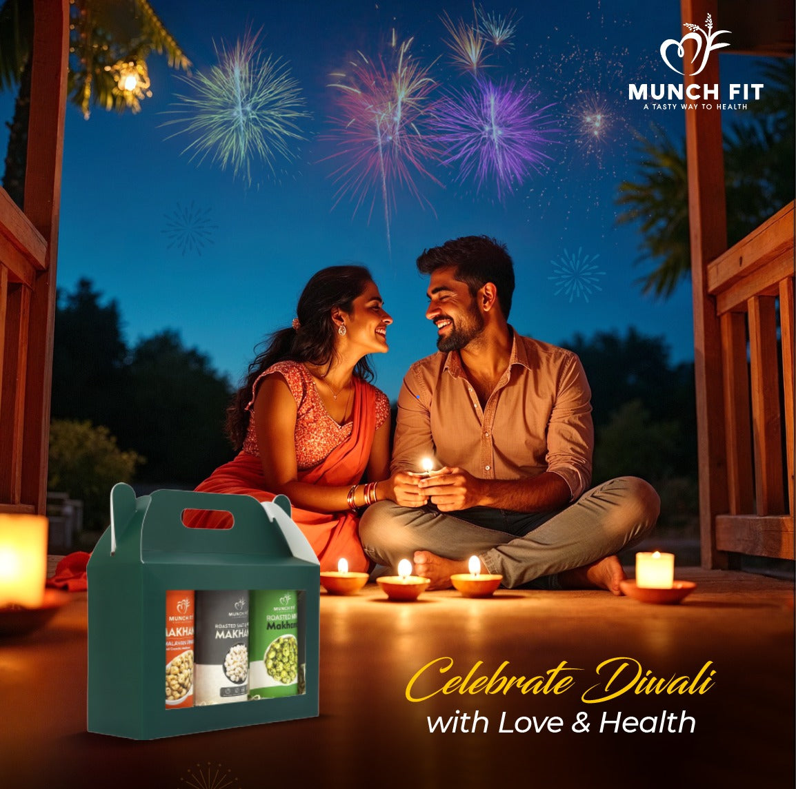 Munchfit Healthy Roasted Makhana Gift Hamper for Diwali | Combo of 3 Healthy Roasted Makhana Snacks Gift Pack with Diwali Wishes Card | Healthy, Tasty Gift Box for your loved ones