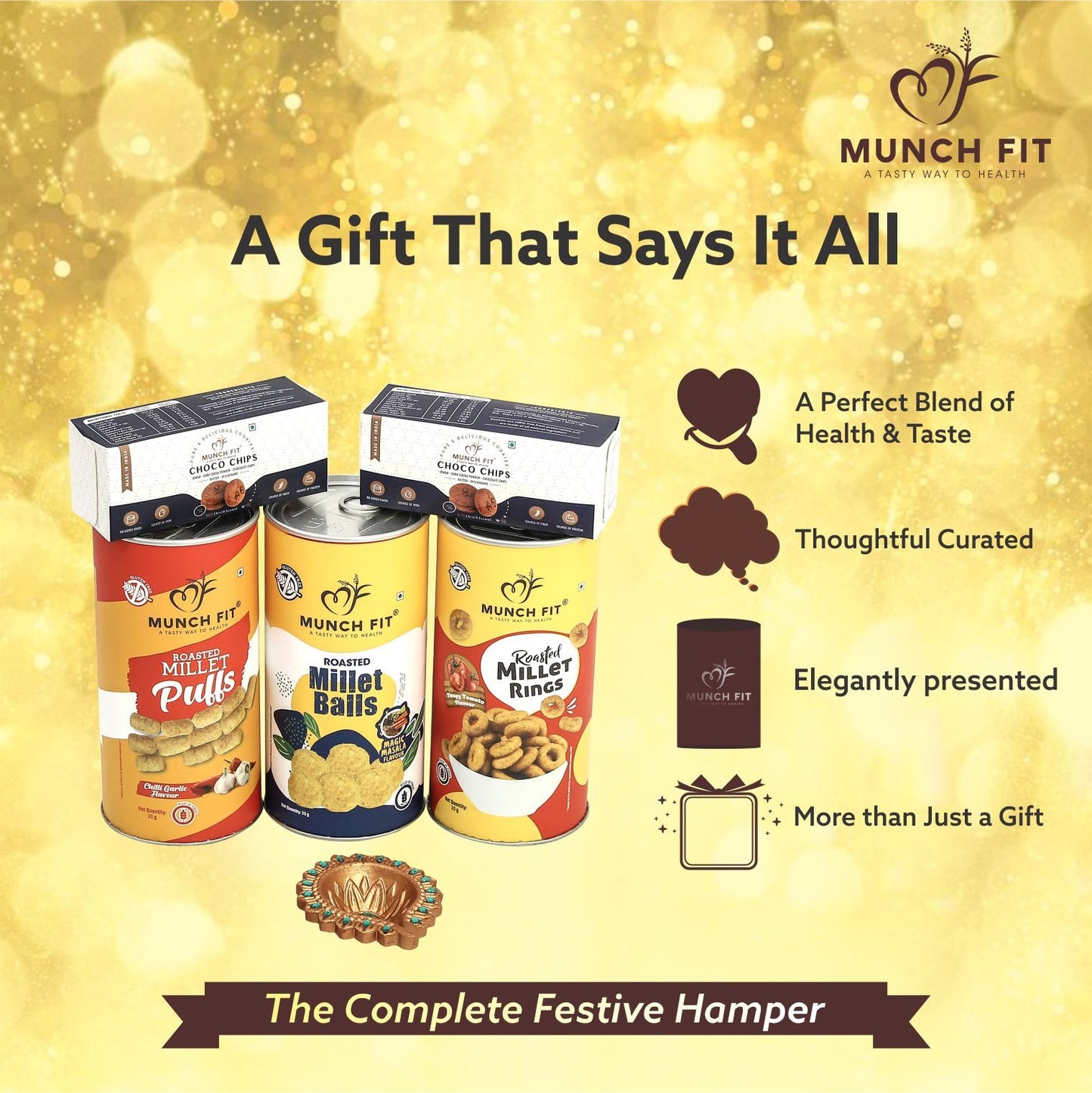 Munchfit Diwali Gift Hamper of Snacks & Cookies | Combo of 3 Healthy & Tasty Snacks, 2 Cookies with Beautiful Diya & Diwali Wishes Card | The perfect Diwali Gift Box for your loved ones