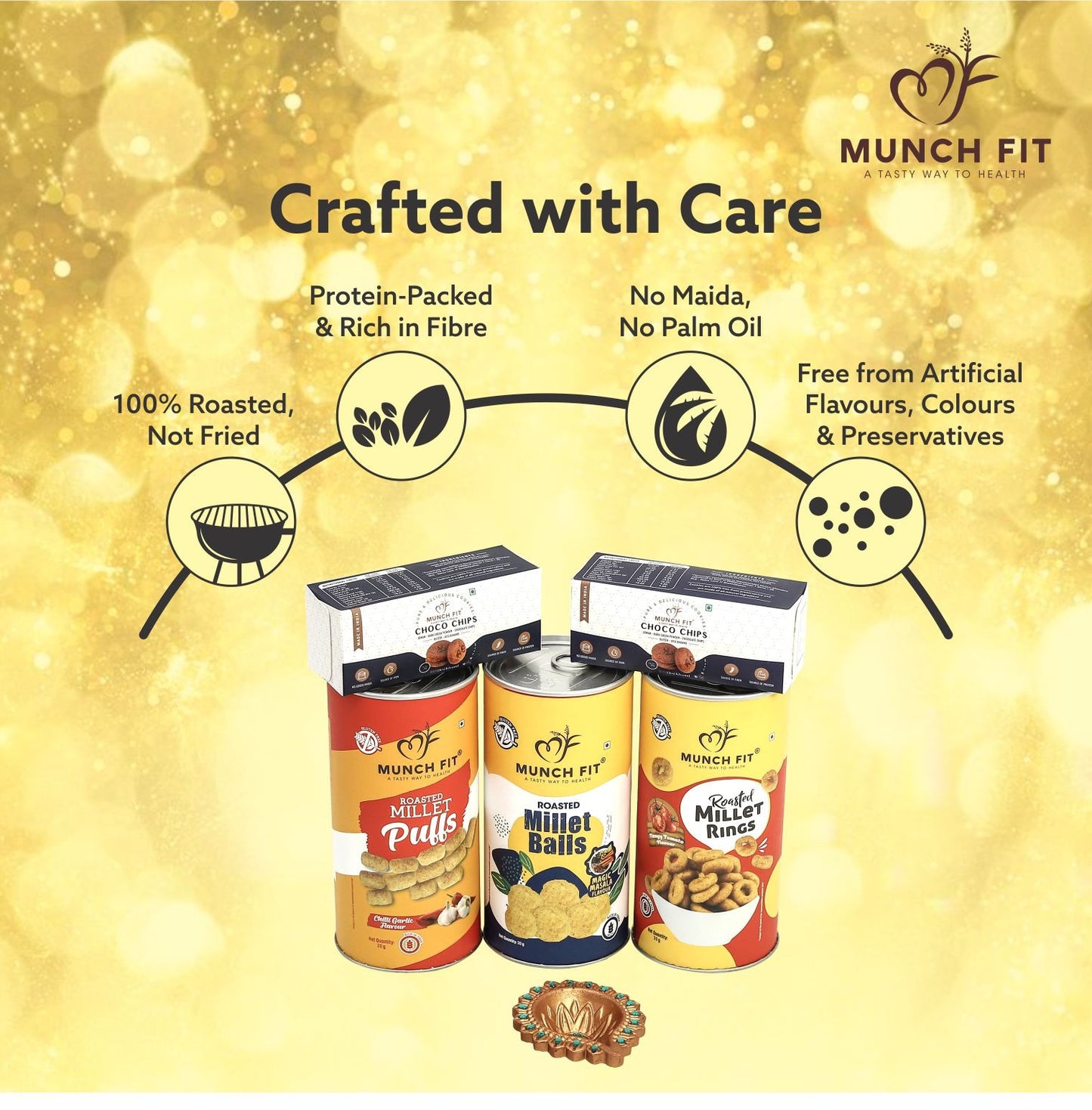 Munchfit Diwali Gift Hamper of Snacks & Cookies | Combo of 3 Healthy & Tasty Snacks, 2 Cookies with Beautiful Diya & Diwali Wishes Card | The perfect Diwali Gift Box for your loved ones