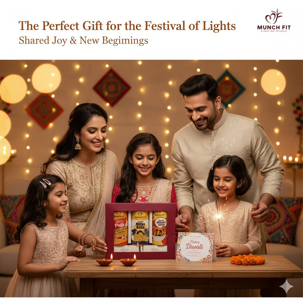 Munchfit Diwali Gift Hamper of Snacks & Cookies | Combo of 3 Healthy & Tasty Snacks, 2 Cookies with Beautiful Diya & Diwali Wishes Card | The perfect Diwali Gift Box for your loved ones
