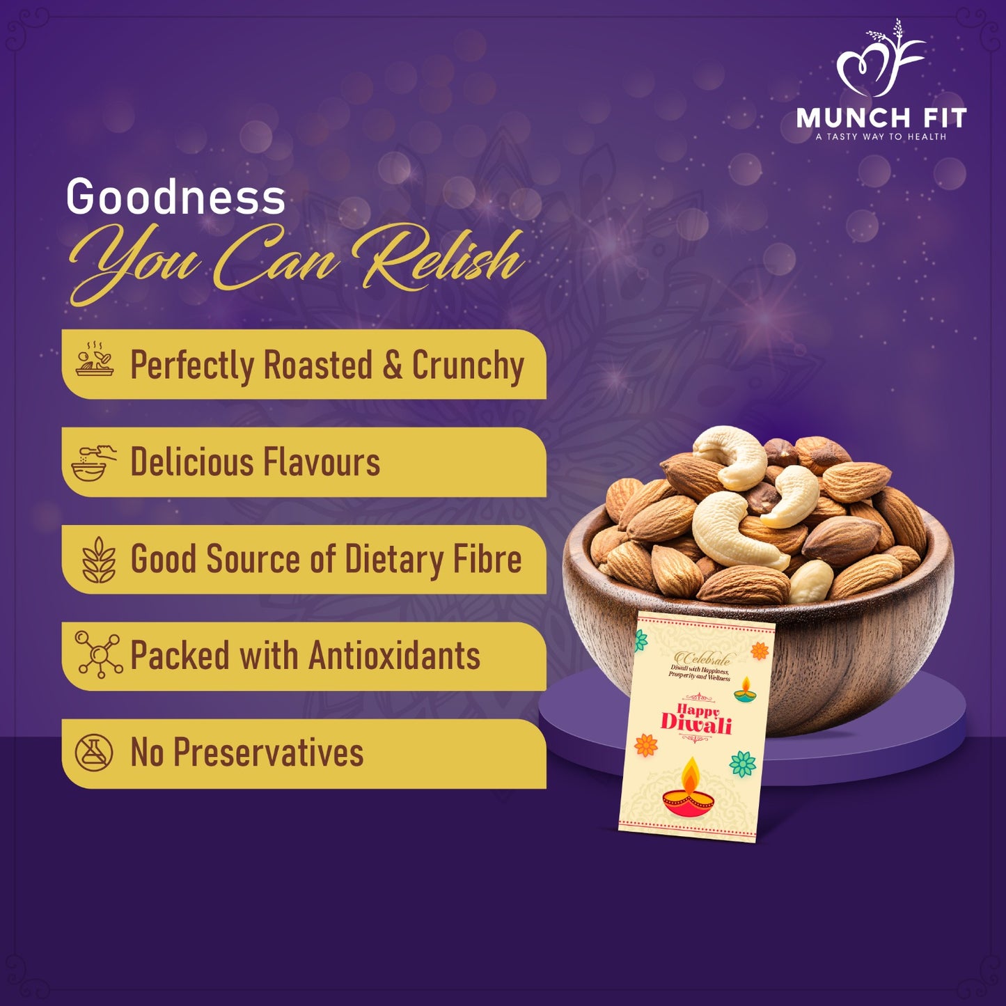 Munchfit Diwali Gift Box | Healthy Assorted Roasted Nuts of 3 Varieties | Smoked Almonds, Roasted Cashews & Roasted Daily Nuts | Tasty, Healthy & Crunchy  Nuts Diwali Hamper | Pack of 1x125g each