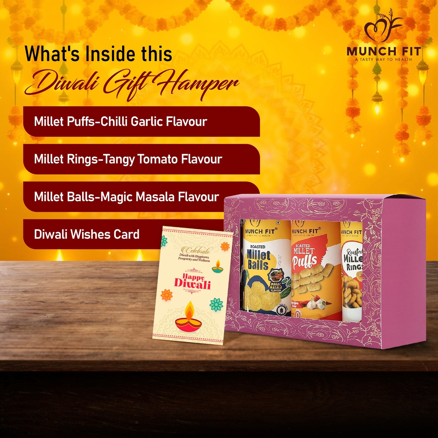 Munchfit Healthy Diwali Gift Pack | Combo of 3 Varieties of Tasty, Healthy Snacks & Puffs |Magic Masala, Chilli Garlic & Tangy Tomato | Diwali Gift Hamper for your friends & family |Pack of 1x30g each