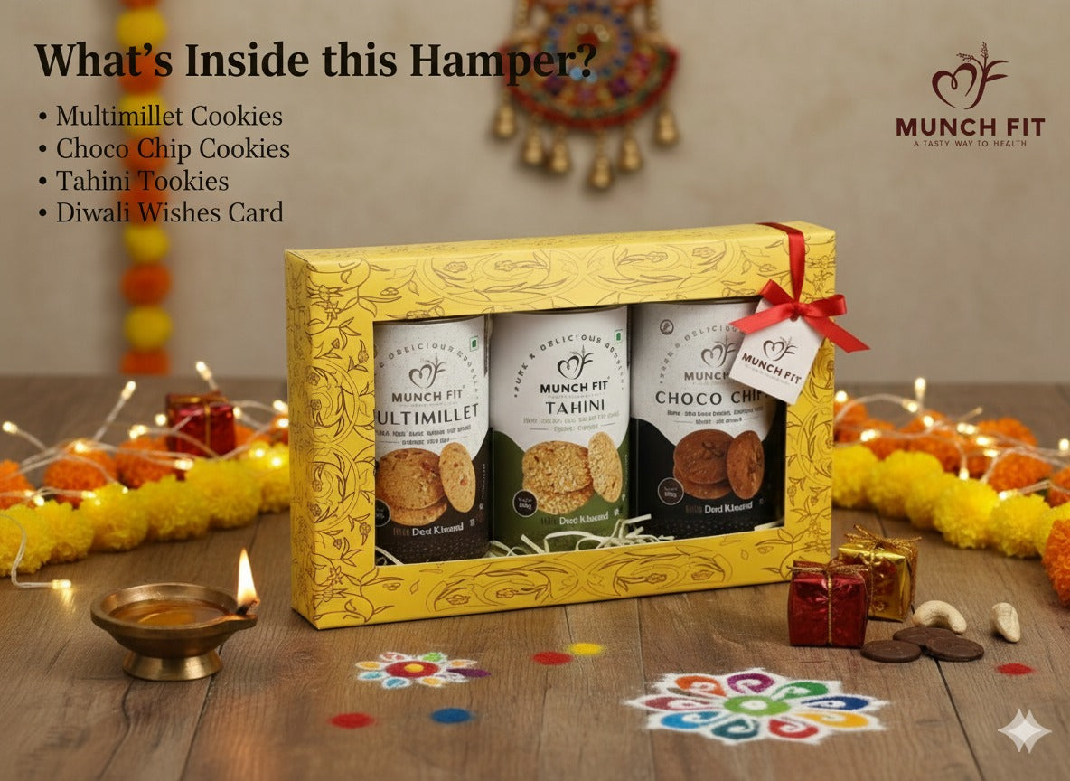 Munchfit Diwali Cookies Gift Pack with Diwali Card | Assorted Cookies of 3 Varieties | Choco Chip, Multi Millet & Tahini Cookies | Tasty & Crunchy Cookies Diwali Gift Hamper | Pack of 1x125g each