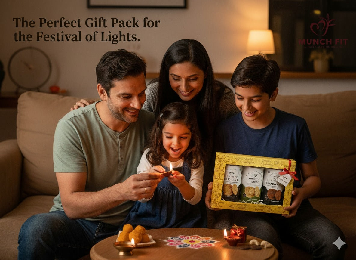 Munchfit Diwali Cookies Gift Pack with Diwali Card | Assorted Cookies of 3 Varieties | Choco Chip, Multi Millet & Tahini Cookies | Tasty & Crunchy Cookies Diwali Gift Hamper | Pack of 1x125g each