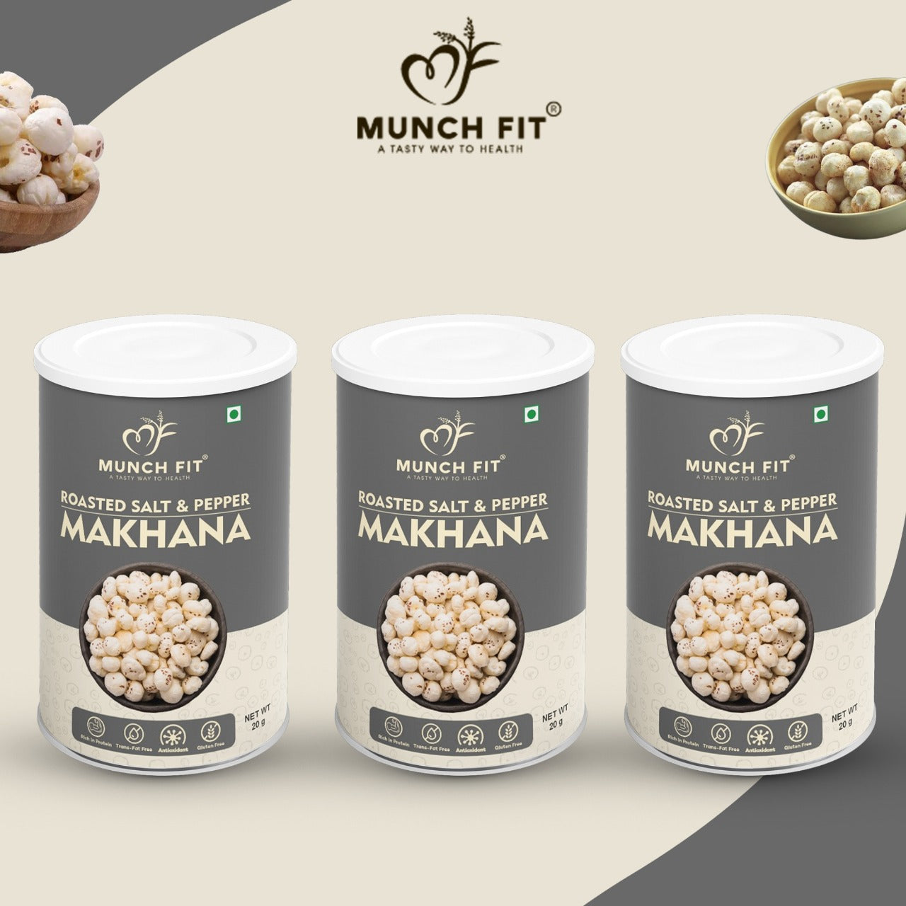 Munch Fit Healthy Salt & Pepper Makhana| Gluten-Free| Low-Calorie, Roasted Foxnuts Snacks Combo of 3x20g Pack