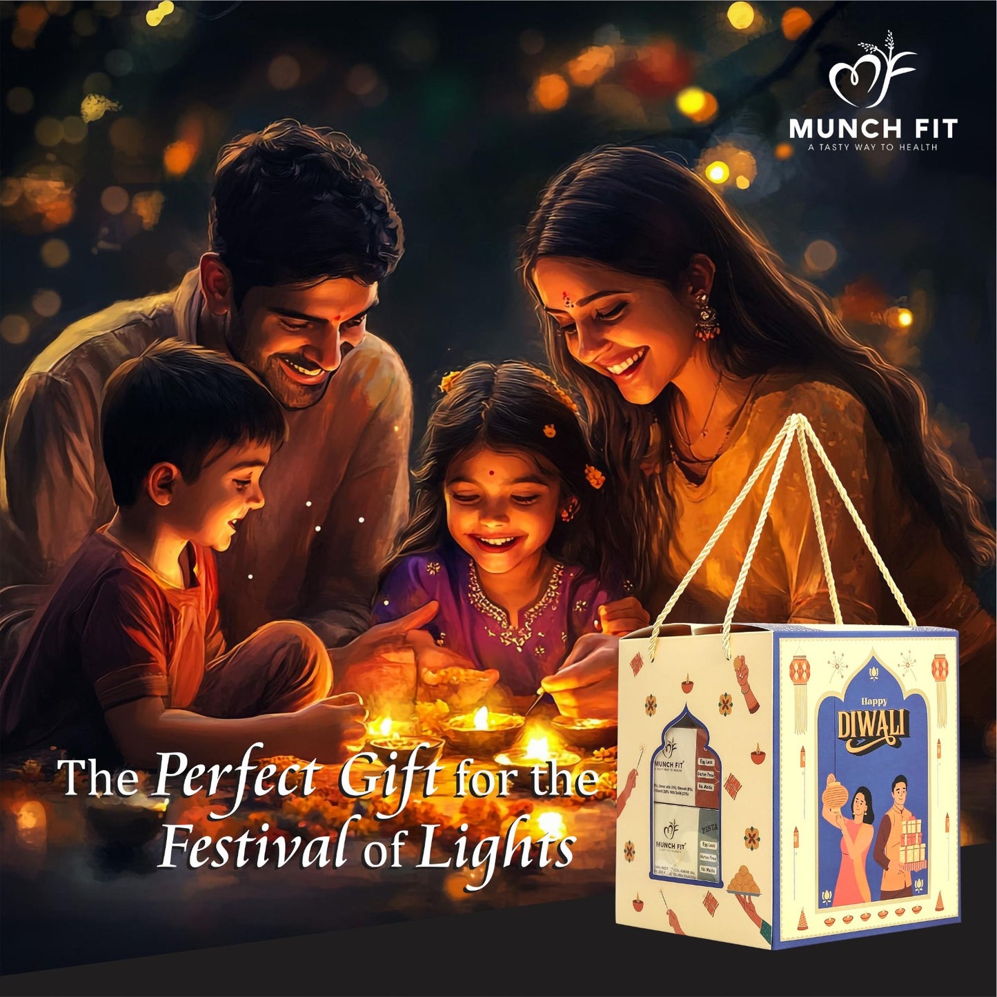 Munchfit Snacks & Cookies Gift Hamper for Diwali | Combo of 3 Healthy Snacks, 2 Cookies, Makhana Snacks with Beautiful Diya & Diwali Wishes Card | The perfect premium gift box for your loved ones