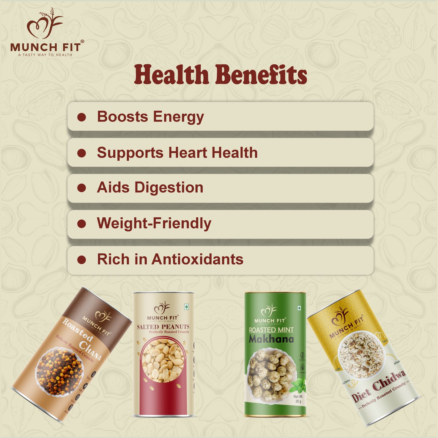 
                  
                    Munchfit Roasted Healthy Snack Combo Pack | Desi Chana, Salted Peanuts, Diet Chiwda & Mint Makhana | High-Protein & Guilt-Free Snack Assortment | 4-in-1
                  
                