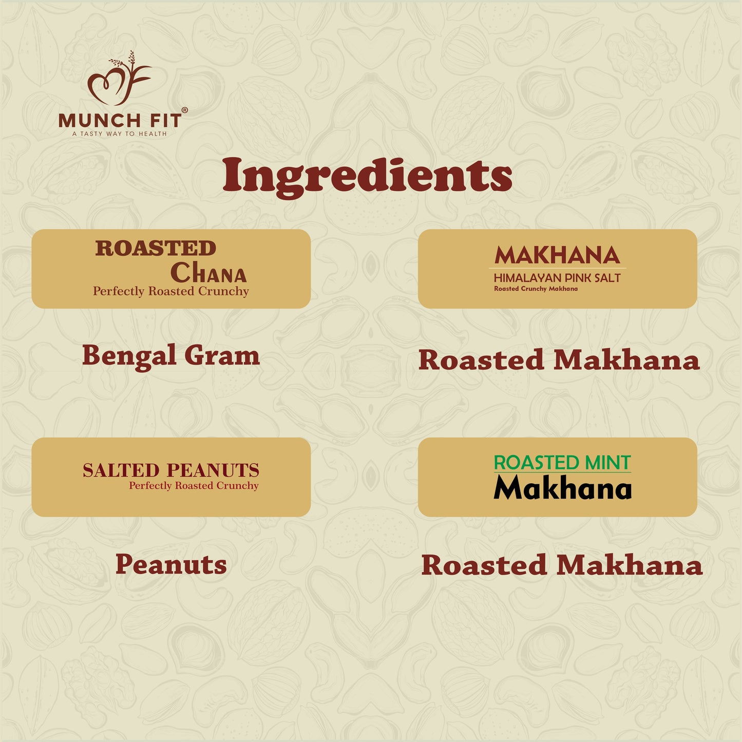 
                  
                    Munchfit Roasted Healthy Snack Combo Pack | Desi Chana, Salted Peanuts, Diet Chiwda & Mint Makhana | High-Protein & Guilt-Free Snack Assortment | 4-in-1
                  
                