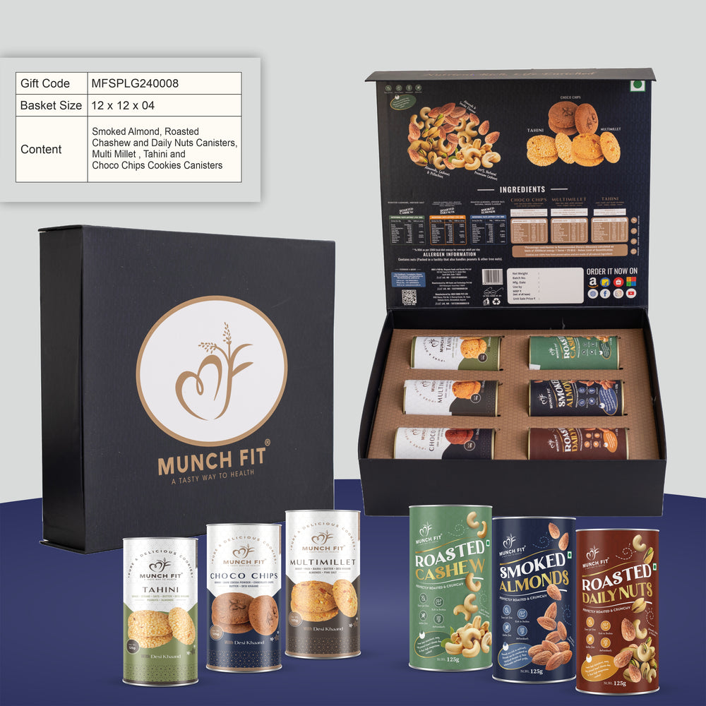 Munch Fit Blue Box Gift Hamper Smoked Almond, Roasted cashew and daily nuts canisters, Multi Millet , Tahini and Choco chips cookies canisters