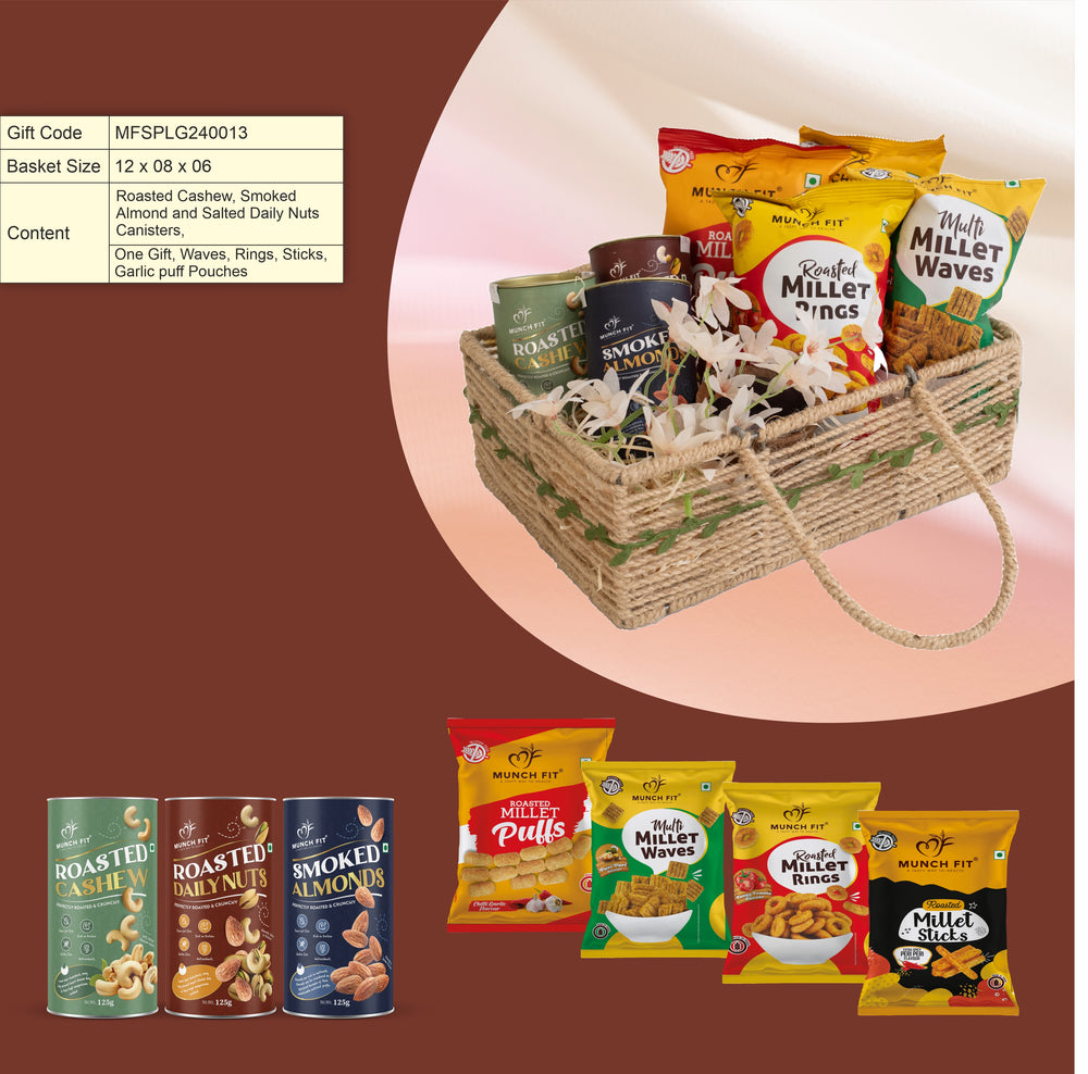 Munch fit Healthy Basket green strip Roasted Cashew, Smoked Almond and salted daily nuts canisters, one Gift, Waves, Rings, Sticks, Garlic puff pouches