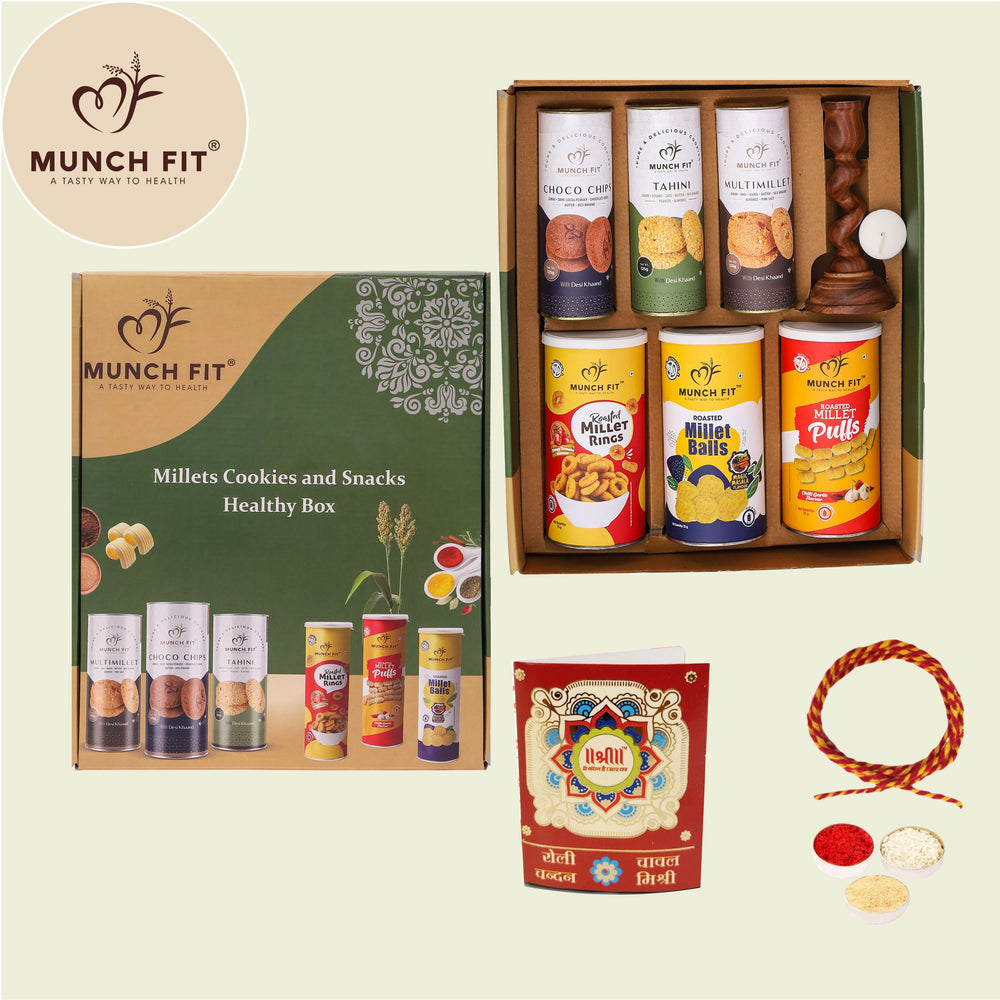 Munchfit Bhai Dooj Gift Hamper for your Brother with Roli Chandan Chawal Tikka Mishri | Combo of Sweet & Salted, Tasty, & Crunchy Healthy Snacks & Assorted Cookies | Perfect Gift Set for Bhai Dooj