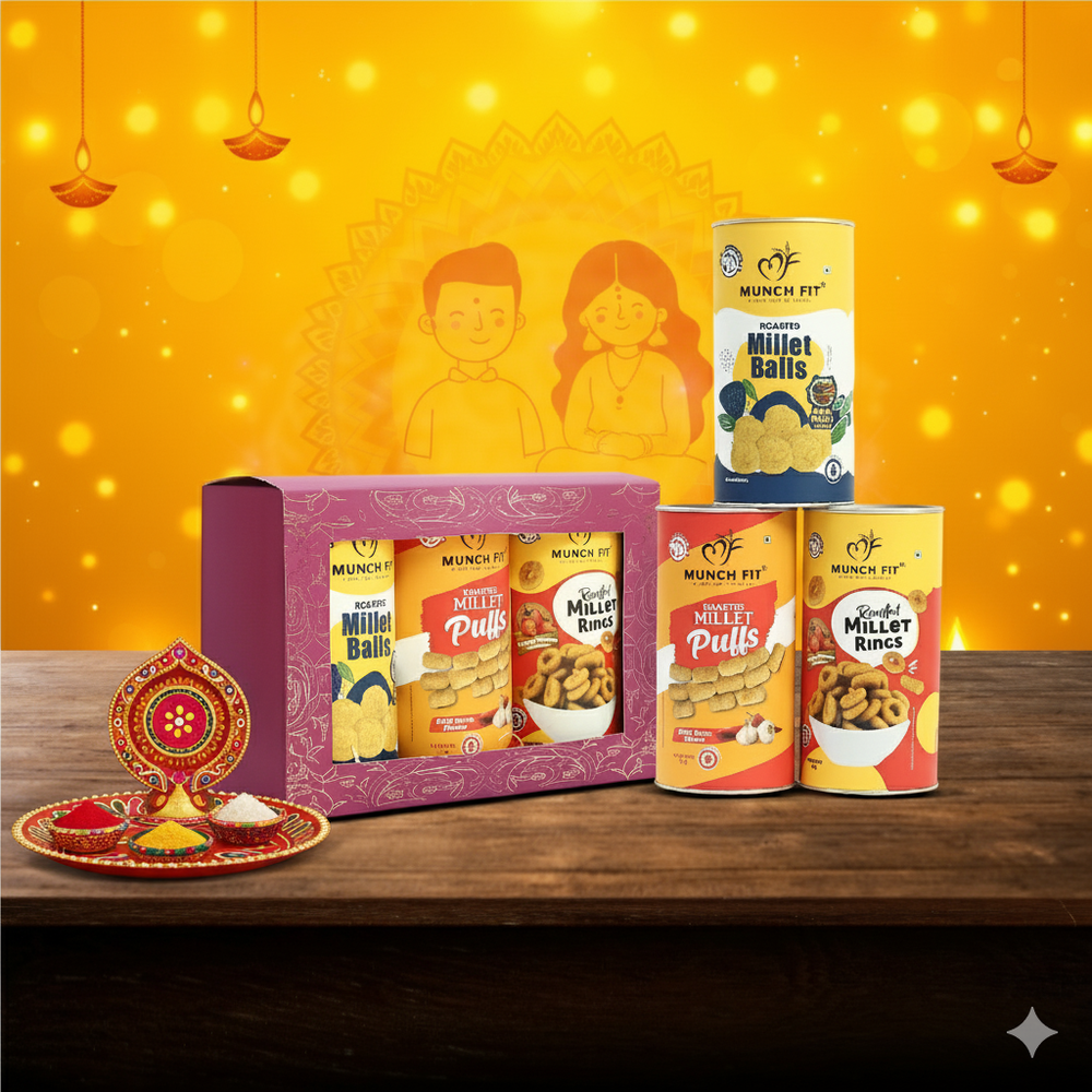 Munchfit Healthy Bhai Dooj Gift Hamper with Roli Tikka Pack |Combo of 3 Varieties of Tasty Snacks & Puffs |Magic Masala, Chilli Garlic, Tangy Tomato | Bhai Duj Gift Hamper for your brother |1x30g each