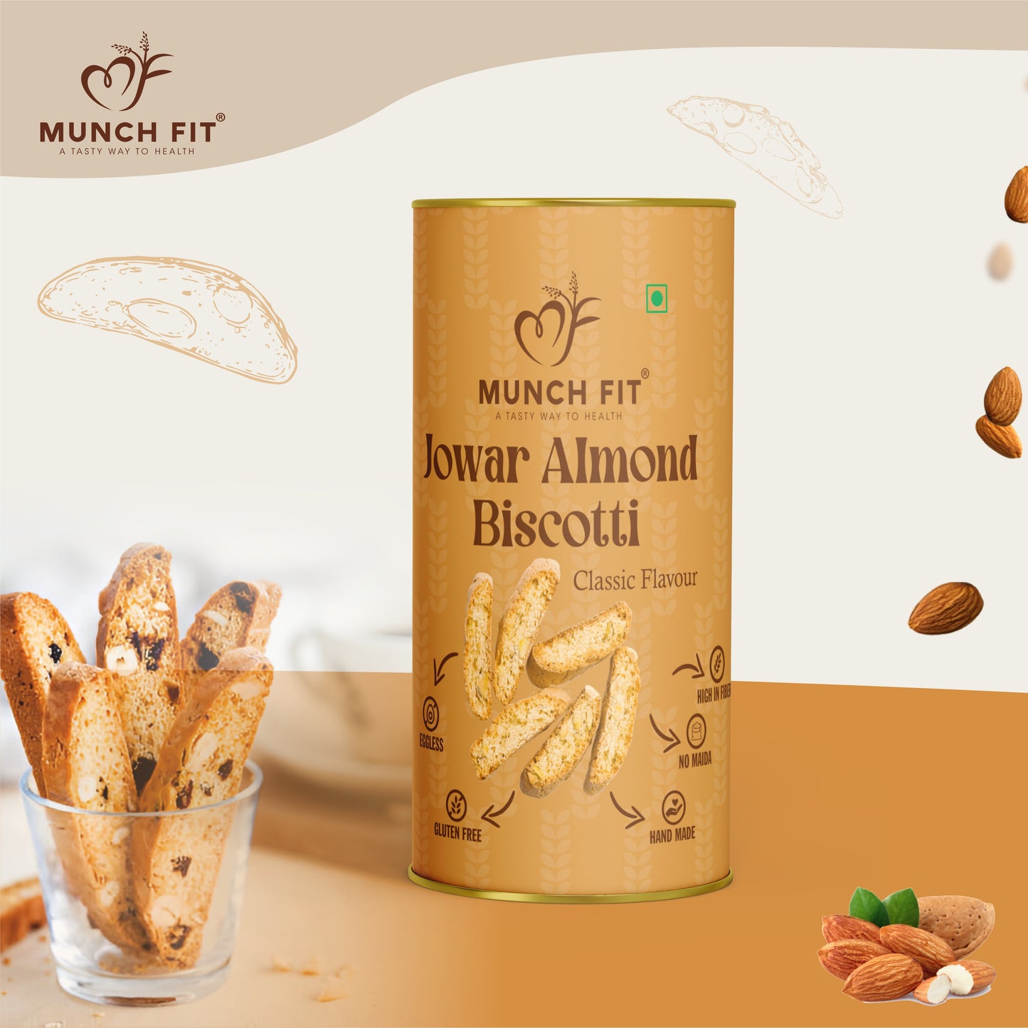 
                  
                    Munchfit Jowar Almond Biscotti (Classic) | Healthy, Gluten-Free, Eggless & Hand-Made Cookies | High Fiber, No Maida | Perfect Tea-Time Snack for All Ages | Pack of 2x100g
                  
                